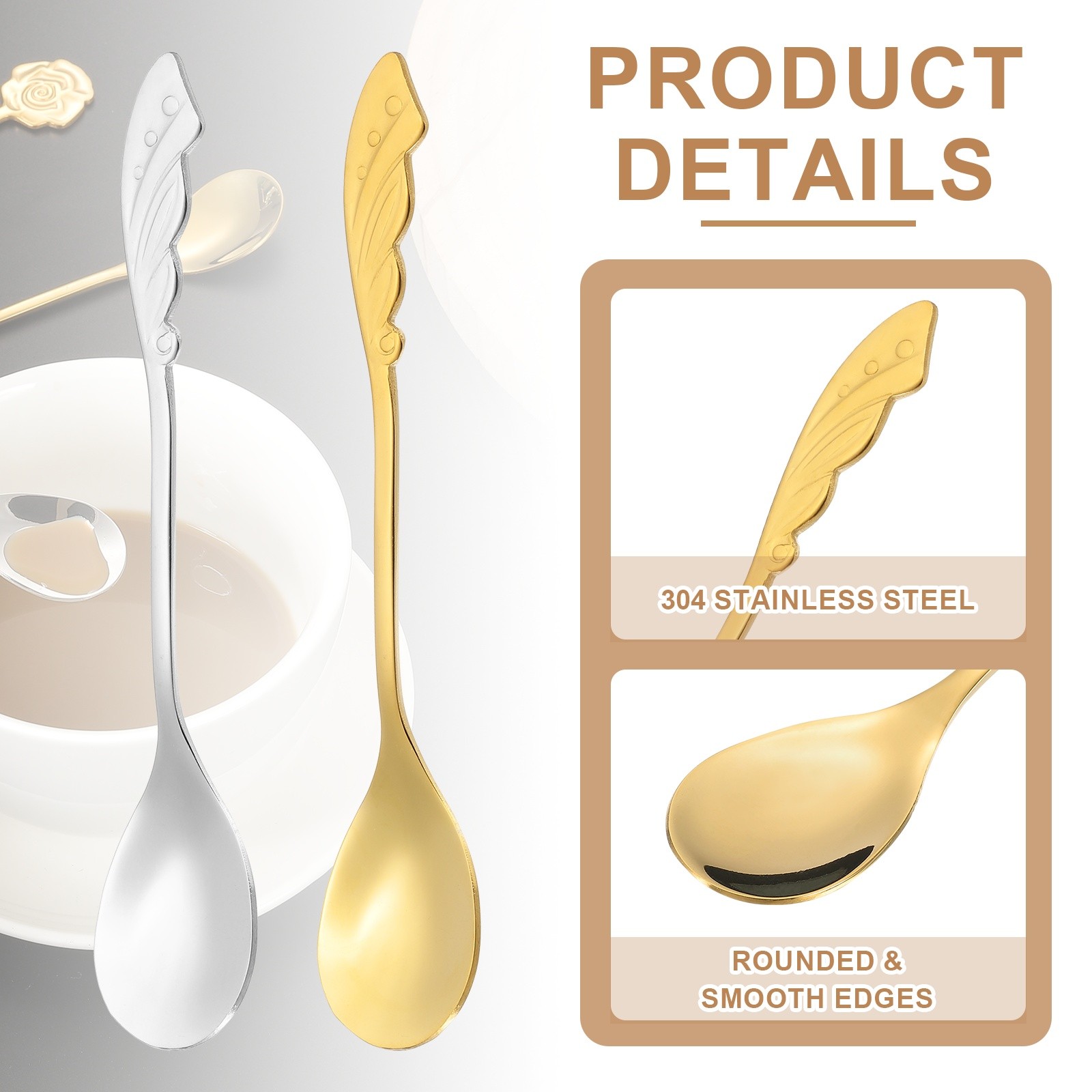 6pcs Coffee Spoons, Wings Tea Spoons Stainless Steel, Gold