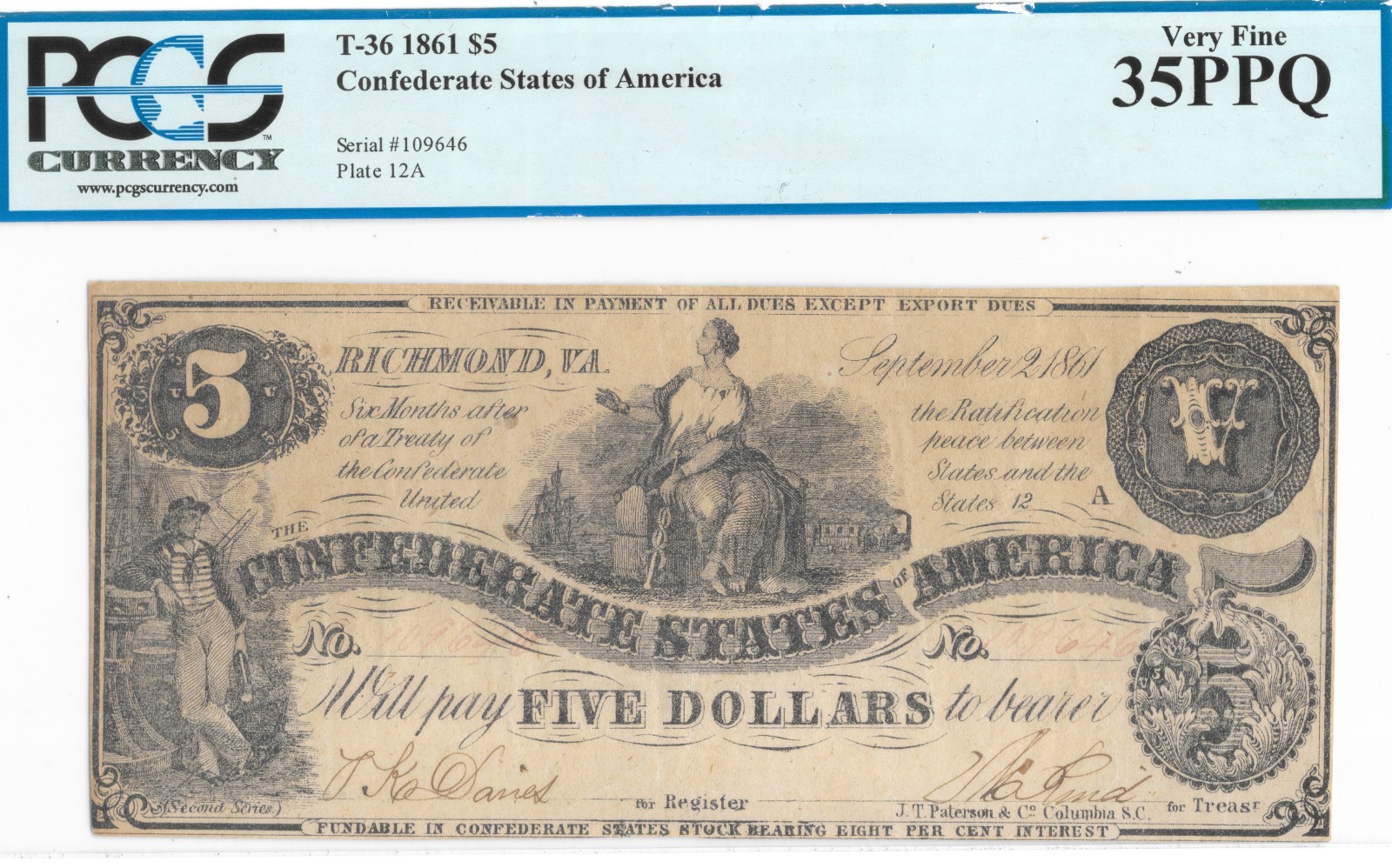 T-36 1861 $5 Confederate Note Civil  War Money PCGS Currency VF35 PPQ EPQ PF-4