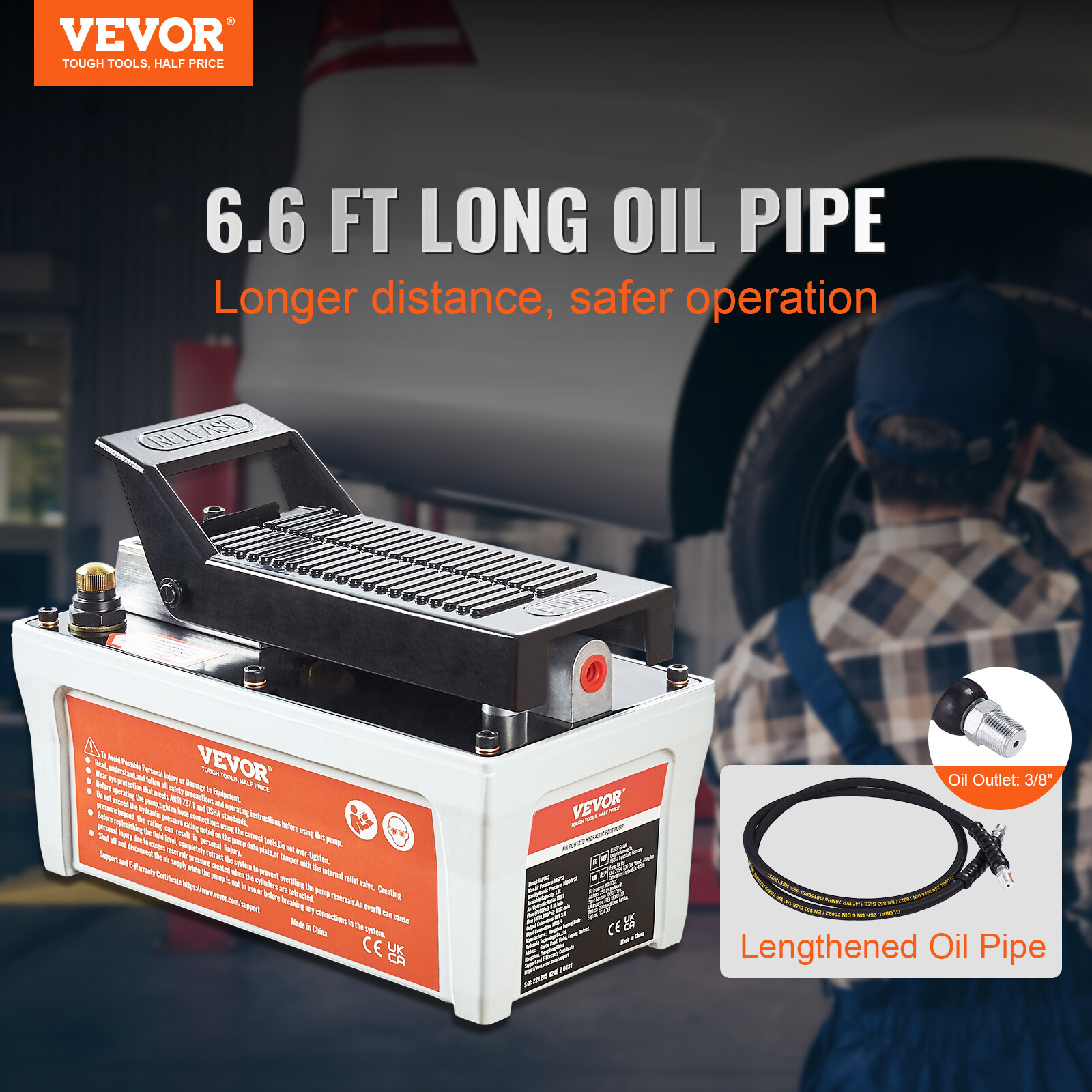 VEVOR Air Hydraulic Pump Foot Operated Pump 10,000PSI 98in³ 6.6FT Auto Body Shop