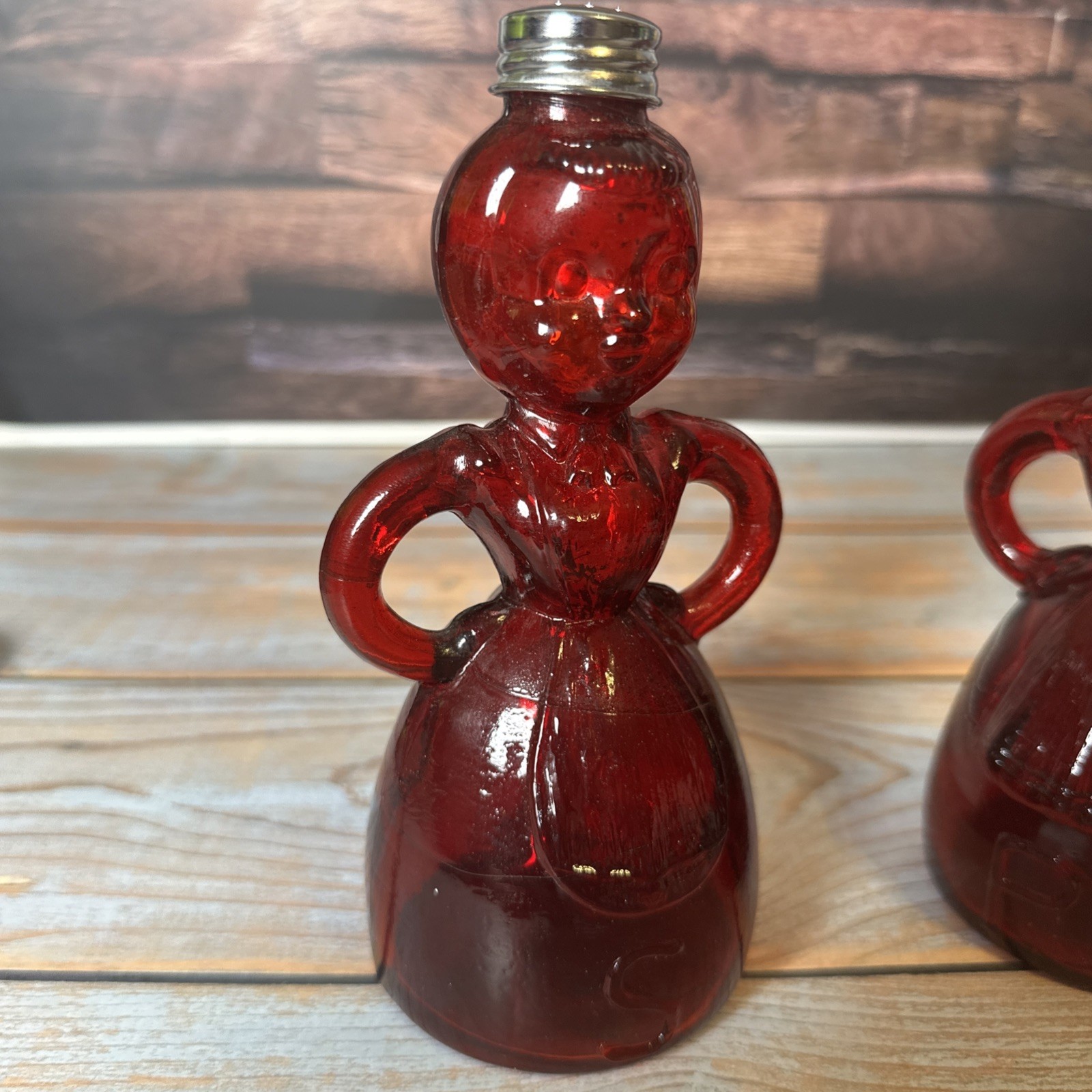 Vintage Ruby Red Glass Merry Maid Salt Pepper Shakers Set Taiwan Figural