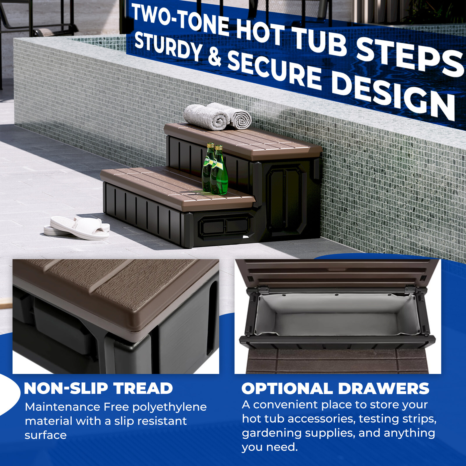 Brown+Black Universal 2 Slip-Resistant Spa & Hot Tub Step Outdoor with Storage