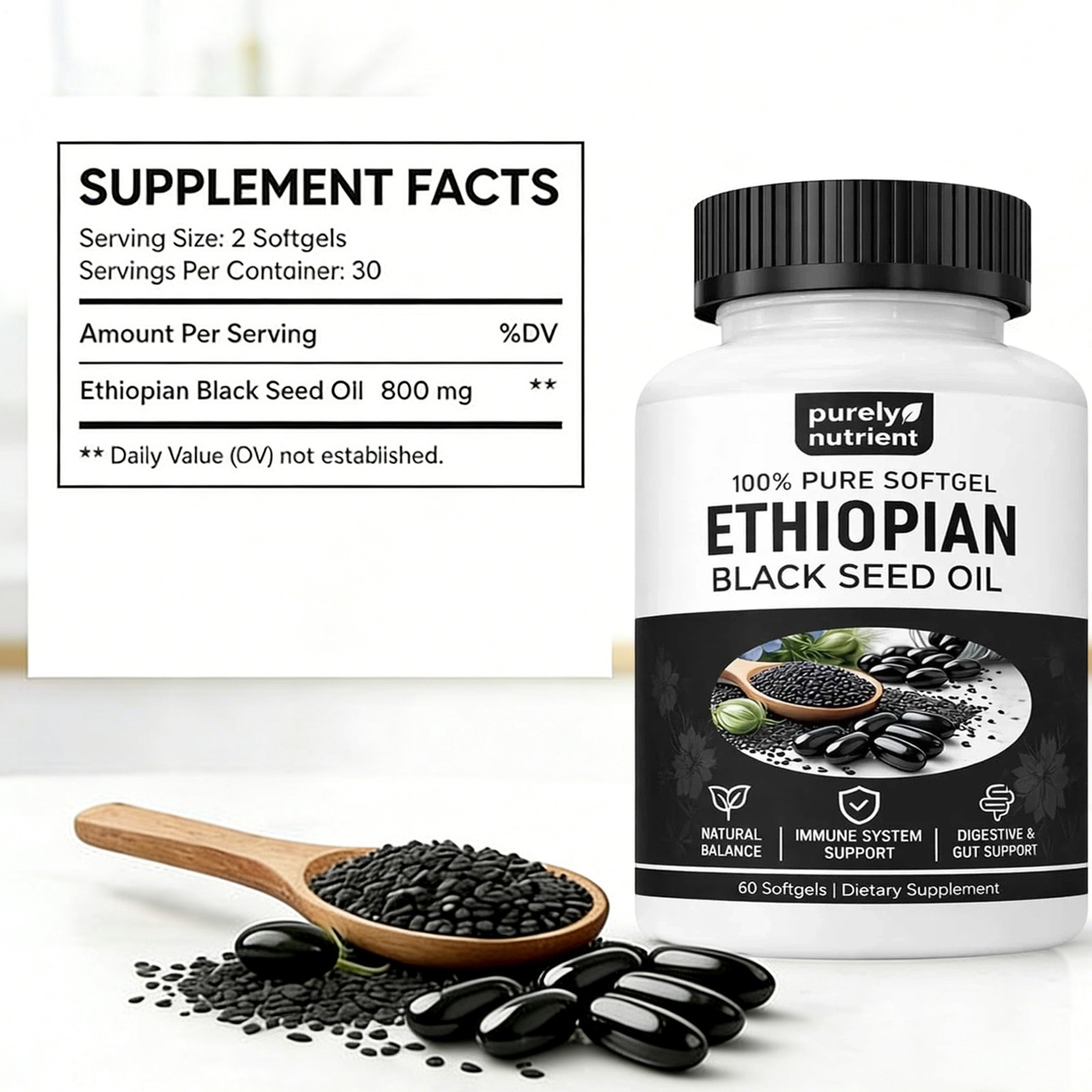 Ethiopian Black Seed Oil Softgels |4.64% Thymoquinone |Gluten-Free, 60 capsules
