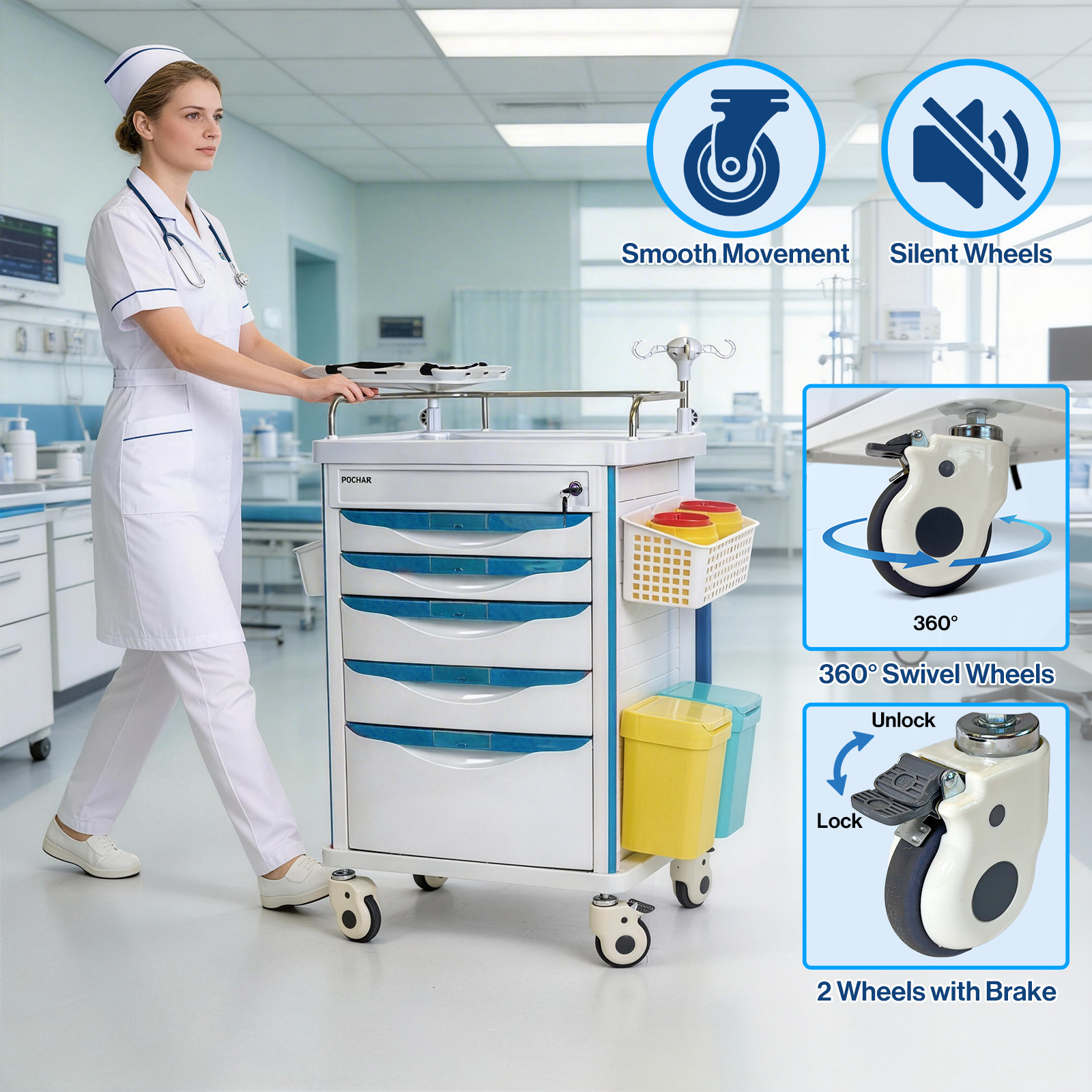 Medical Crash Cart with Emergency Accessory, Emergency Cart for Hospitals Clinic
