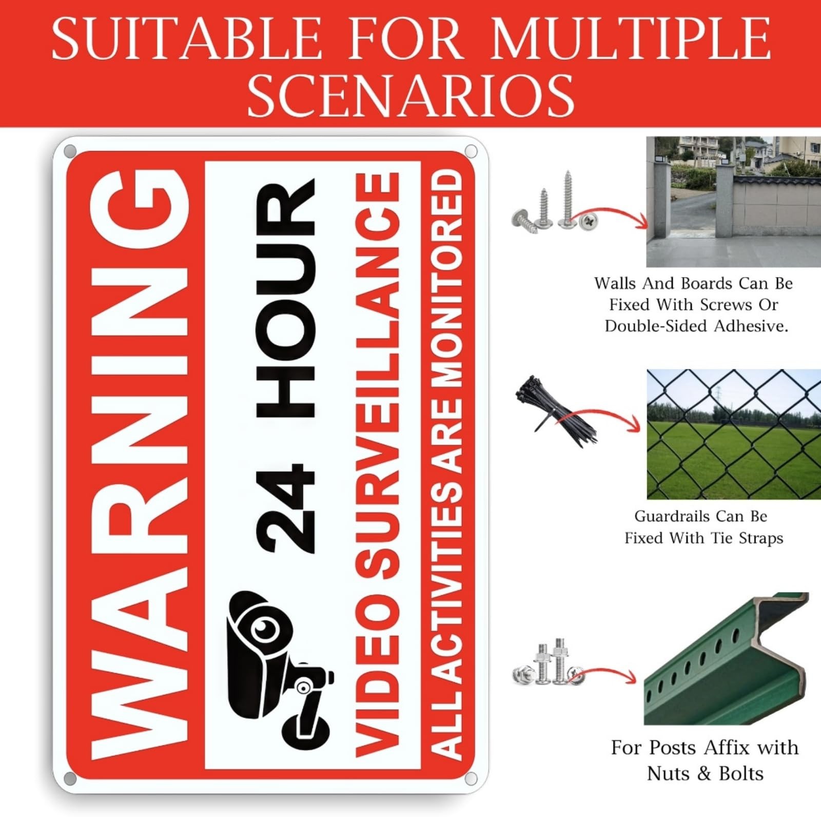 4 Pack Video Surveillance Signs, 8 x 12 Inch Aluminum Camera Signs, CCTV Secu