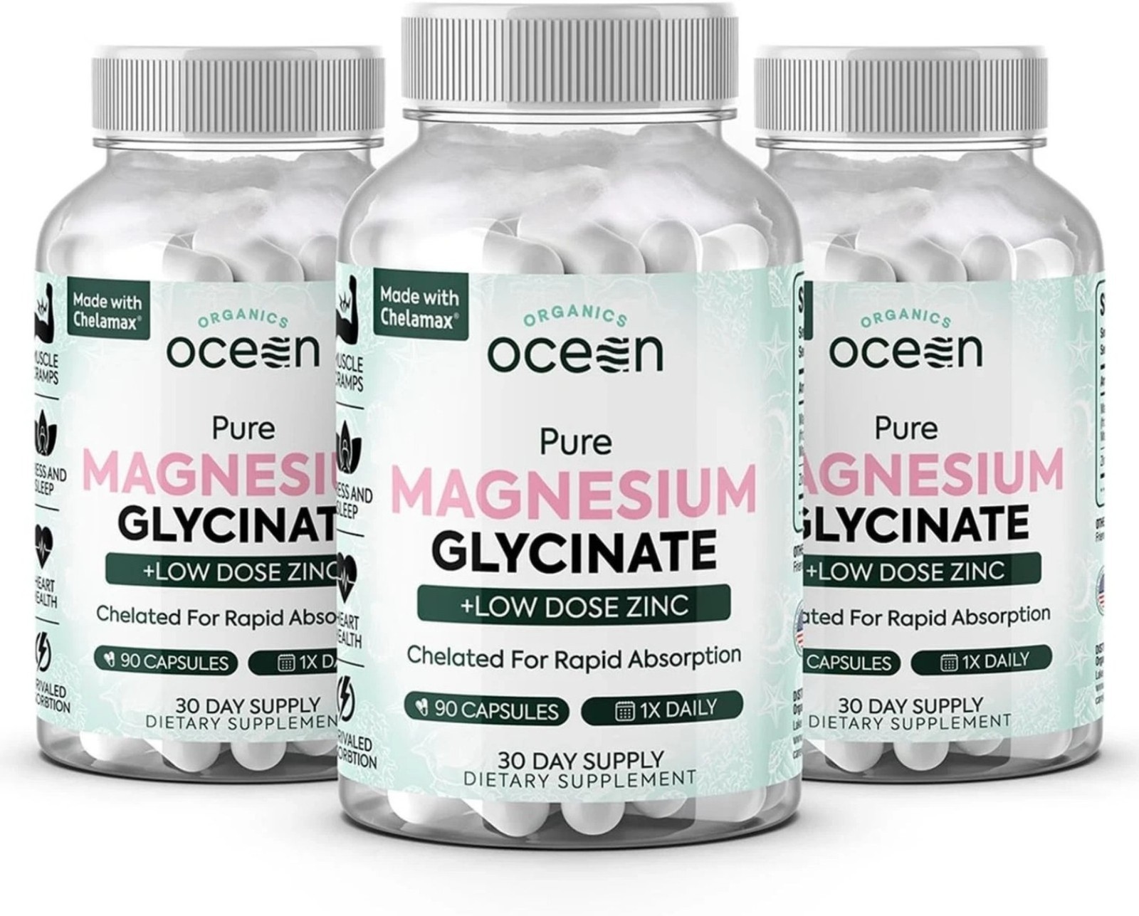 3 Pack Organics Ocean Pure Magnesium Glycinate Low Dose Zinc Chelated 90 Capsule
