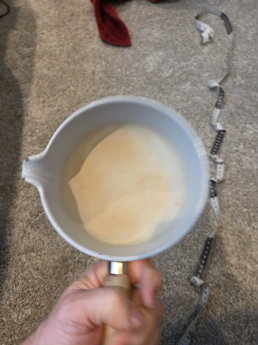 Vintage Enamelware Over Cast Iron Yellow Saucepan With Spout & Wooden Handle MCM