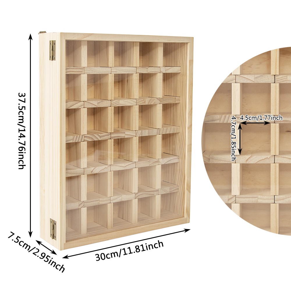 30-Grid Wooden Display Box for Crystals Rocks Minerals Collectibles Adjustable