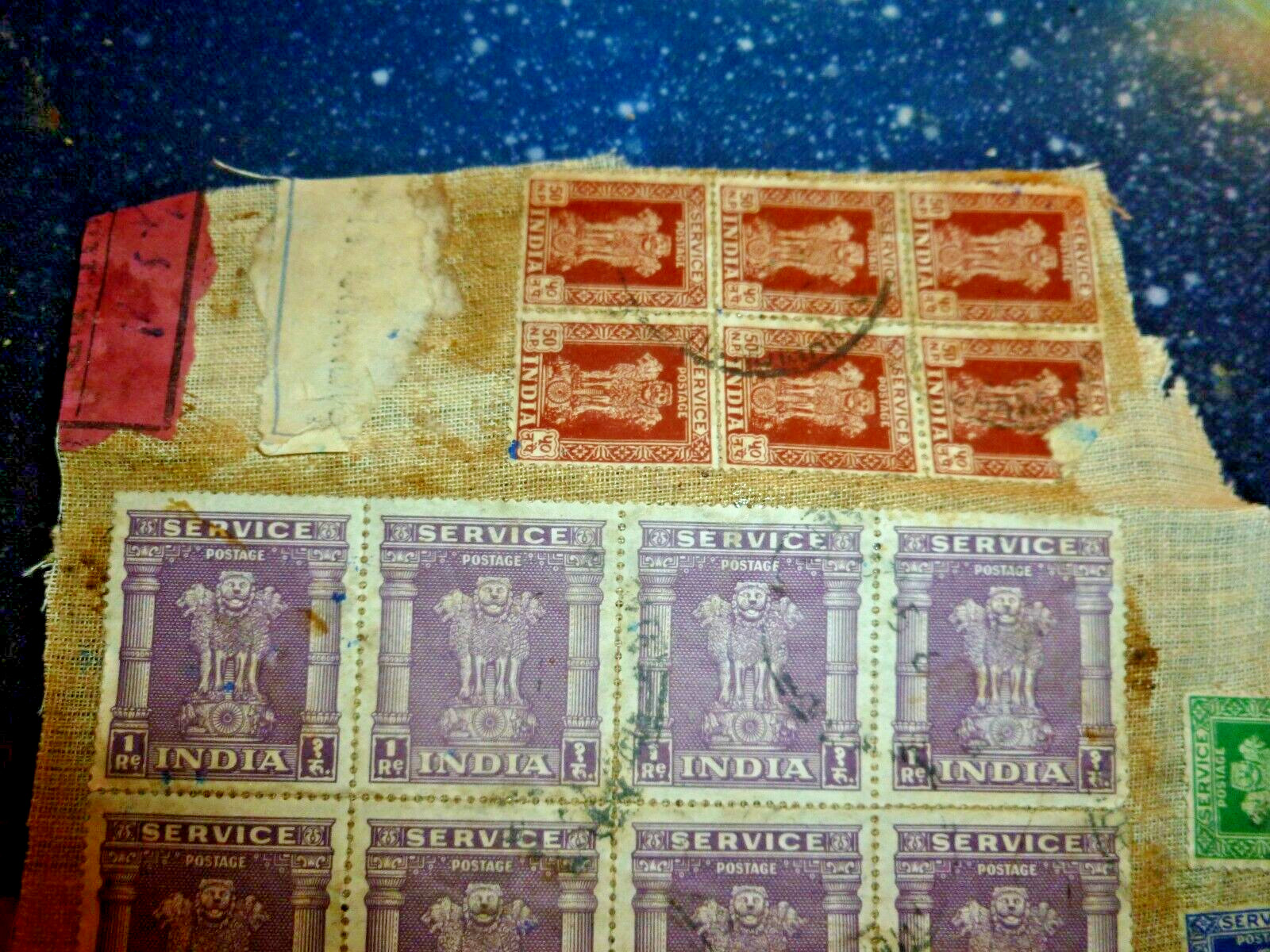 Indian Stamps Asoka Pillar Stamps Purple Green Blue Red on Old Postage Cloth