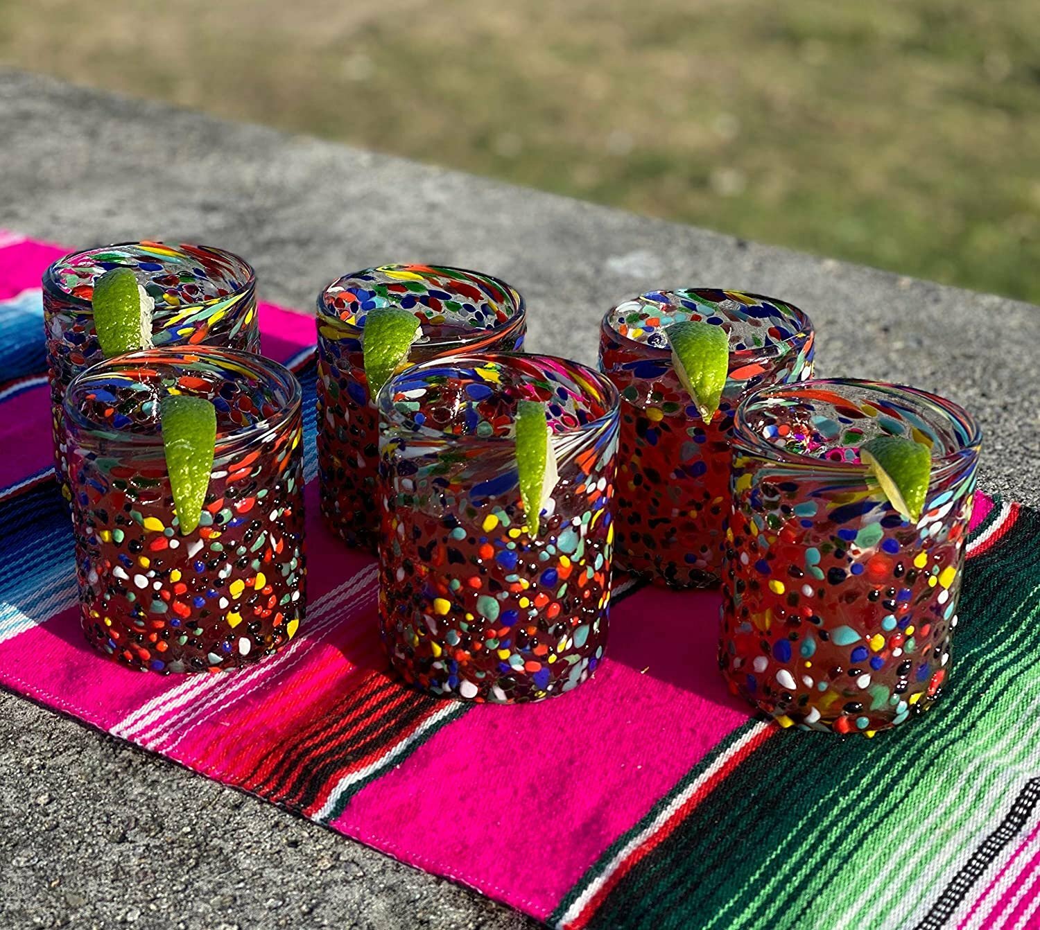 Hand Blown Mexican Drinking Glasses – Set of 6 Confetti Rock Tumbler Glasses...
