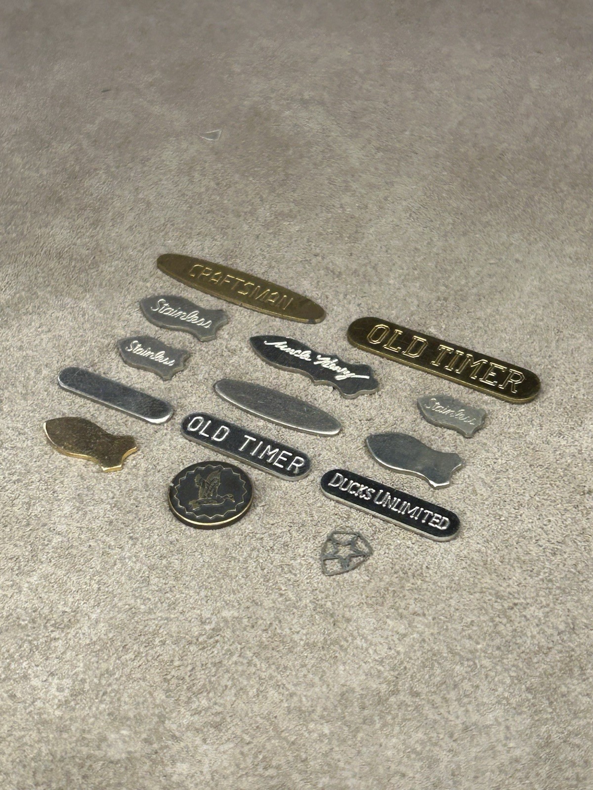 14 Lot Knife Shields/Badges Old Timer, Schrade, Craftsman, Ducks Unlimited, Etc.