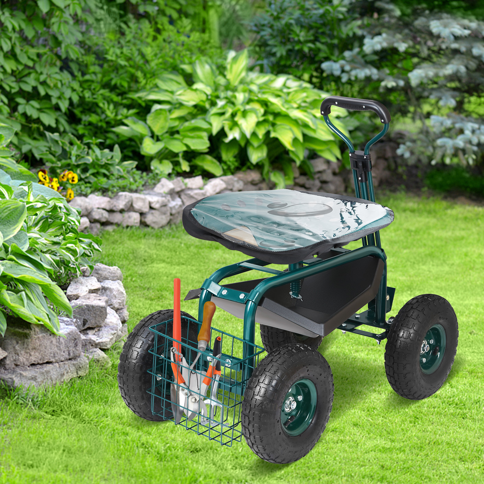 Rolling Garden Cart with Seat and Wheels Extendable Steer Handle Green