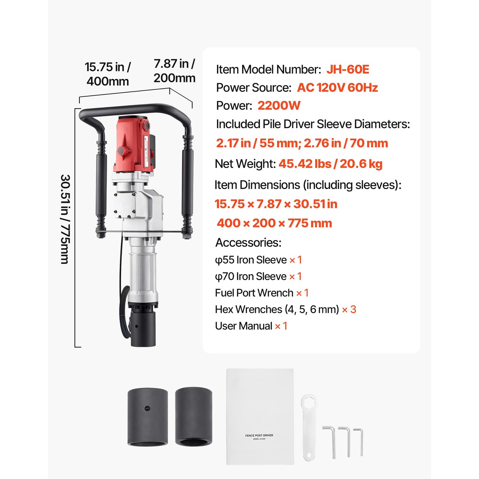 Uimoso 2200W Handheld Electric Fence Piling Post Driver with Dual Sleeves