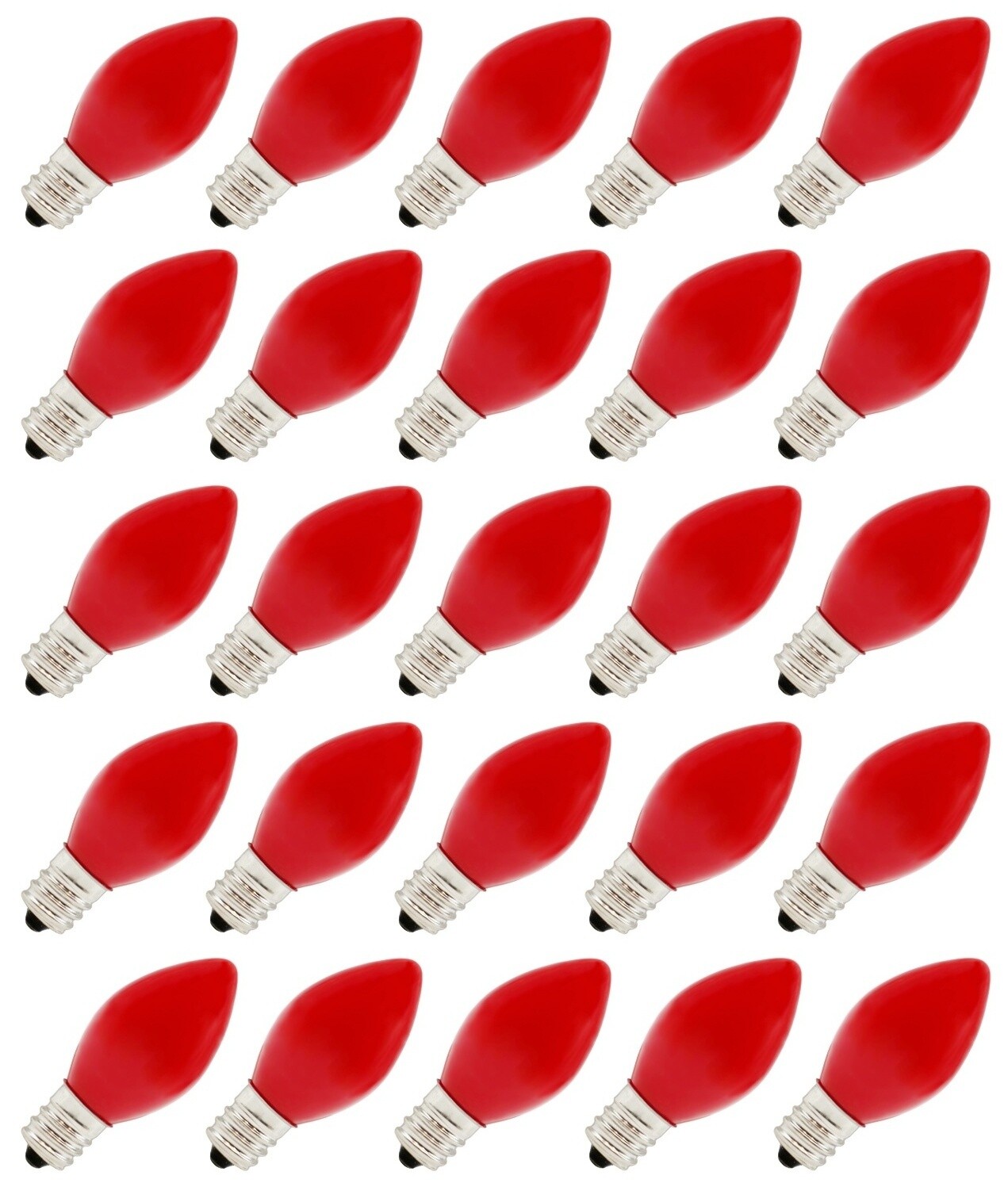 Box of 25 Light Bulbs - C7, Steady Burning- Opaque Red - 7 Watt, Nickel Plated