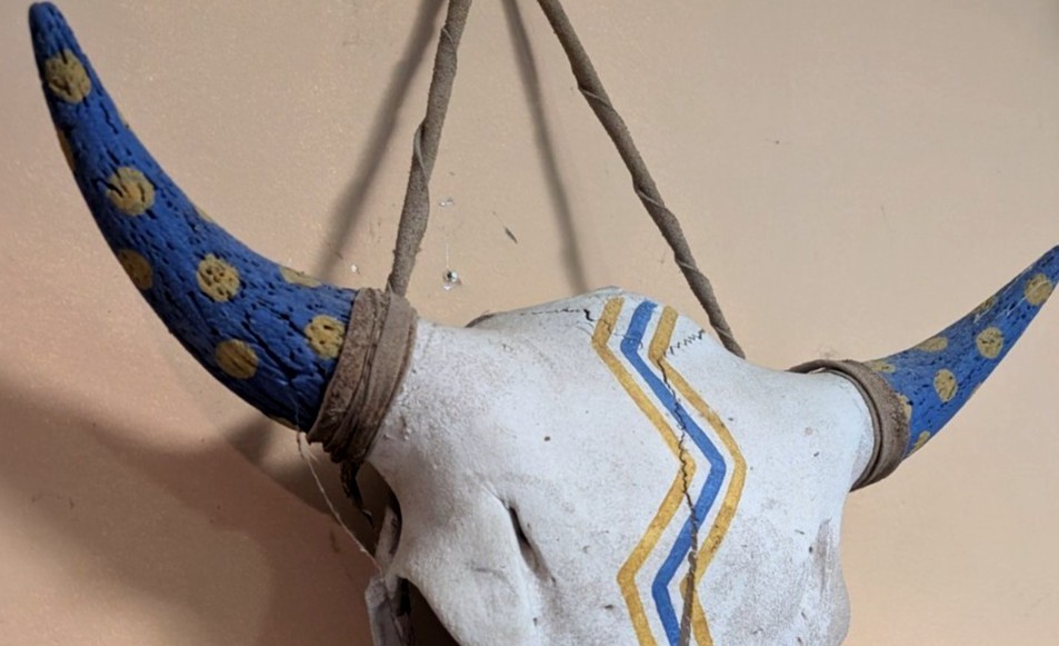 Native Hand Painted Buffalo Skull Blue And Yellow, Thunderbolts, Hung By Hyde