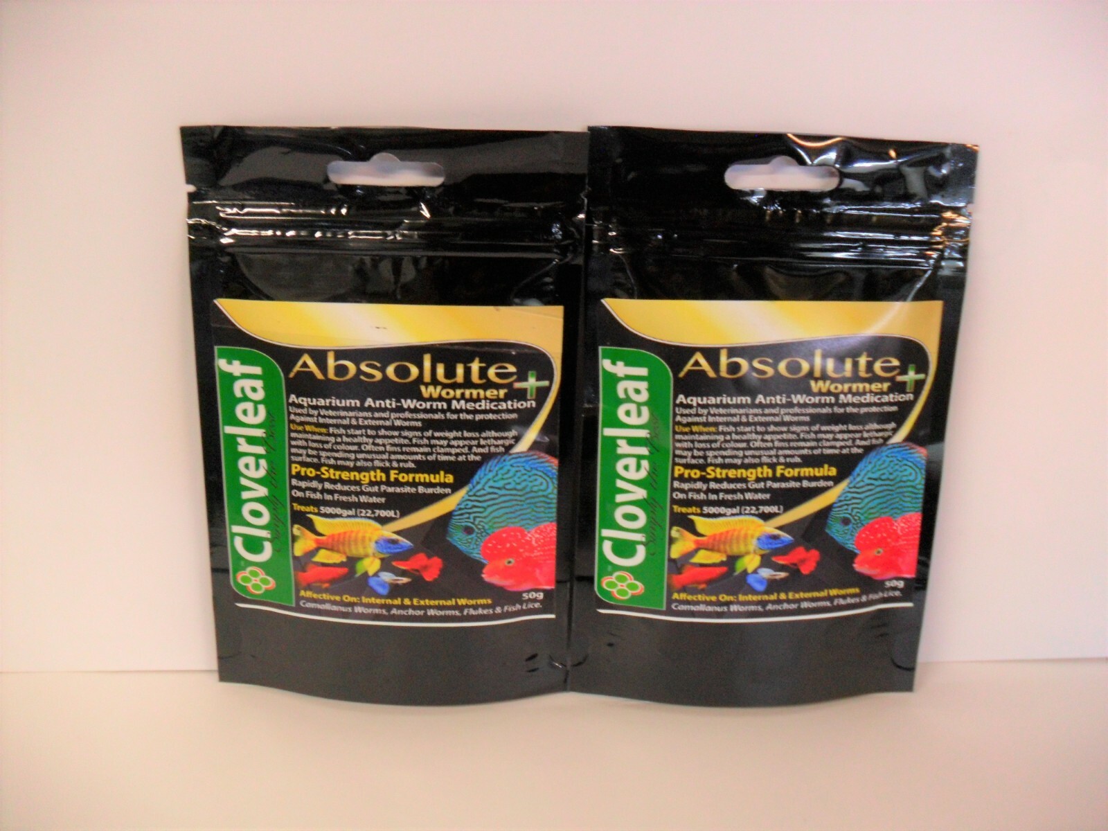 Cloverleaf Absolute Aquarium Fish Wormer + Plus. 5g, 20g & 50g packs