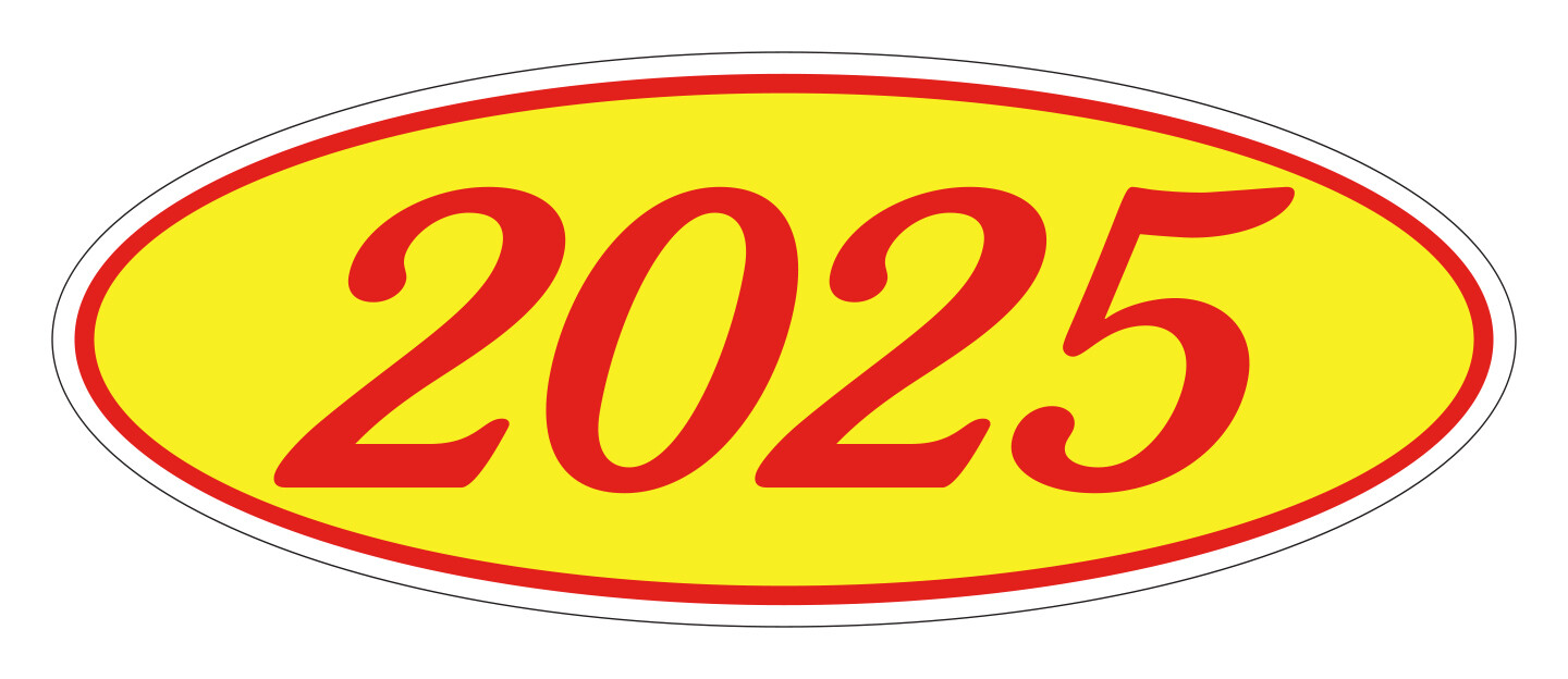 Car Dealer Windshield Oval Model Year Stickers, 4 Digit Red/Yellow