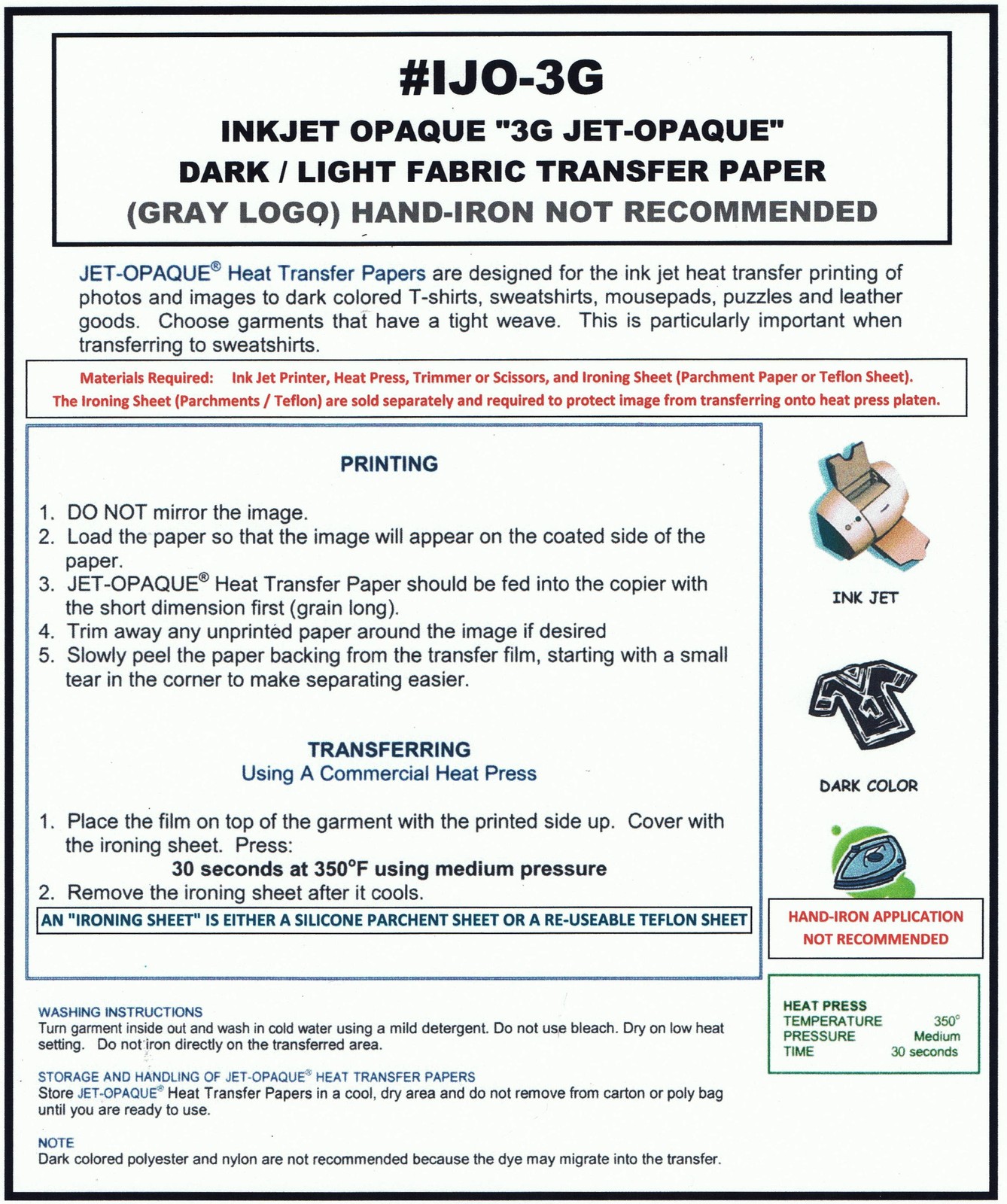 INKJET TRANSFER PAPER FOR DARK FABRIC: NEENAH "3G JET OPAQUE" (8.5"X11") 100 CT