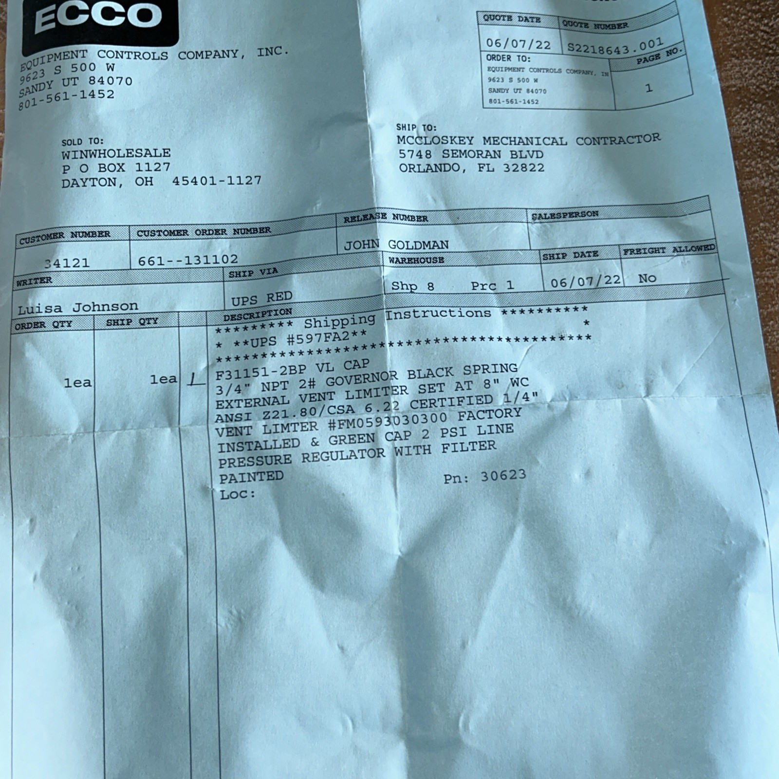 Pietro Fiorentini Type 31151 gas pressure governor