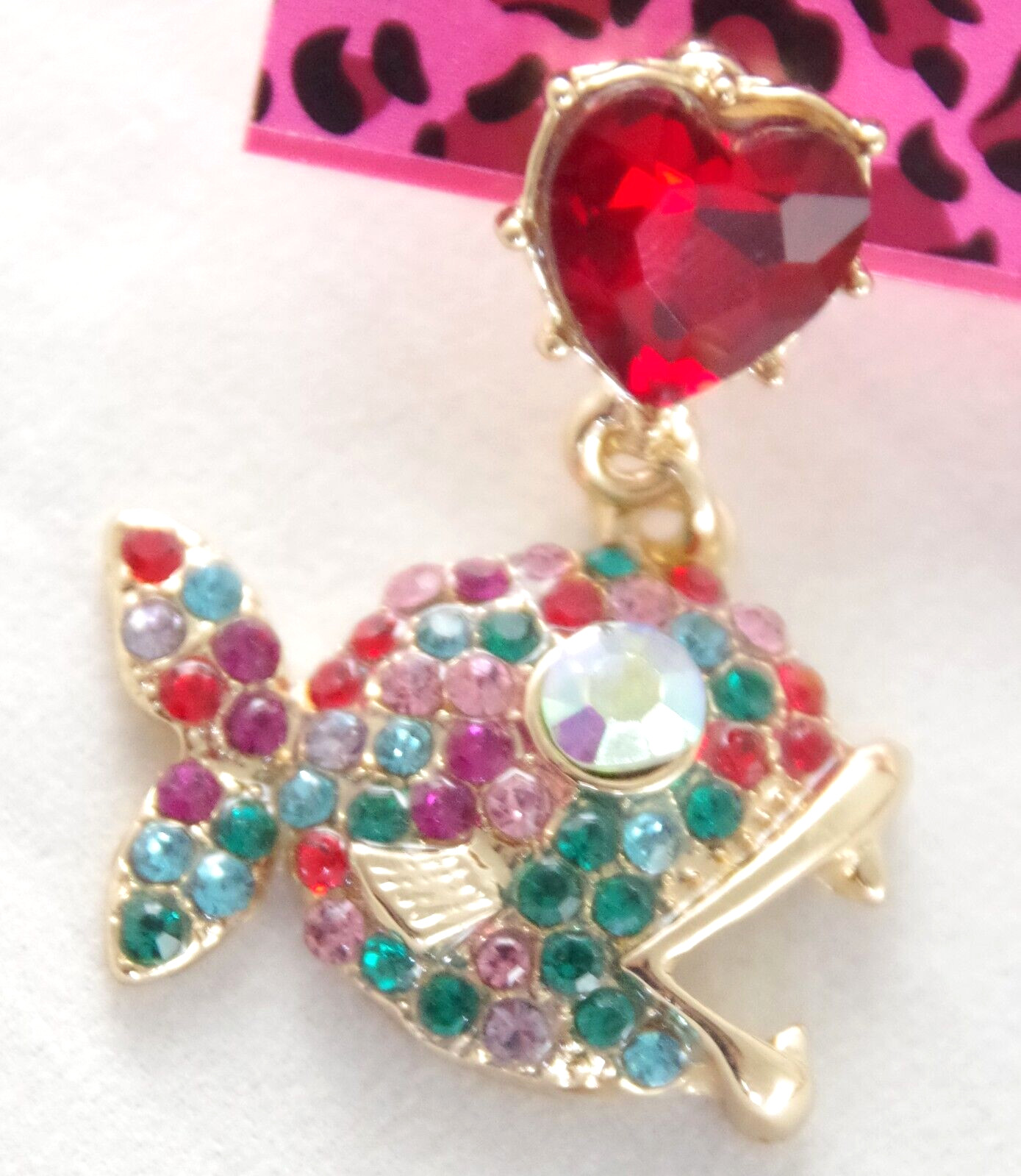 BETSEY JOHNSON ASYMMETRICAL PREDATOR/ SCHOOL OF FISH RHINESTONE DANGLE EARRINGS