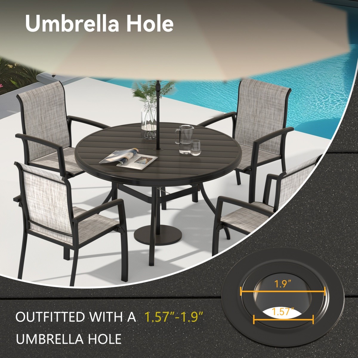 Outdoor Round Patio Dining Table Metal Dining Table with Umbrella Hole for Deck