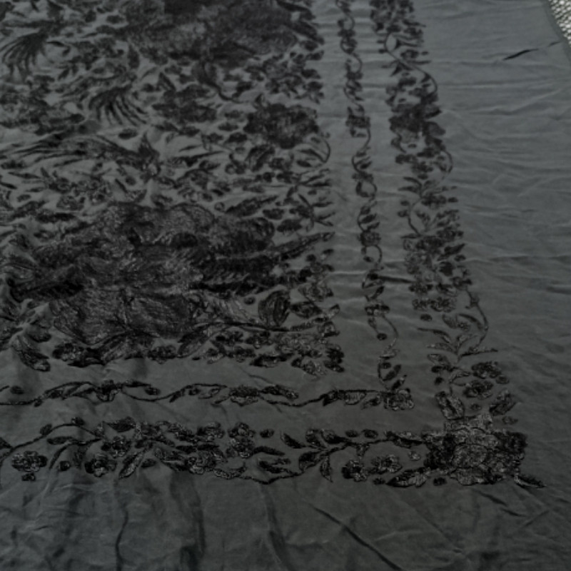 Antique Hand-Embroidered Silk Piano Shawl Wrap Floral Fringe 51" Vintage Luxury