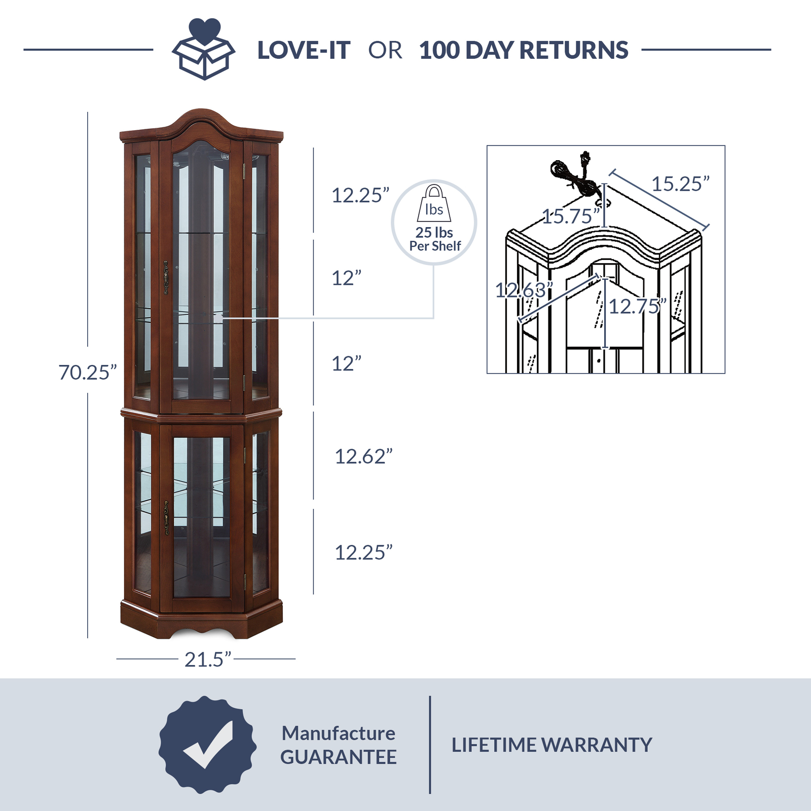 Canted Front Lighted Corner Cabinet W/ 5-Tier Shelves