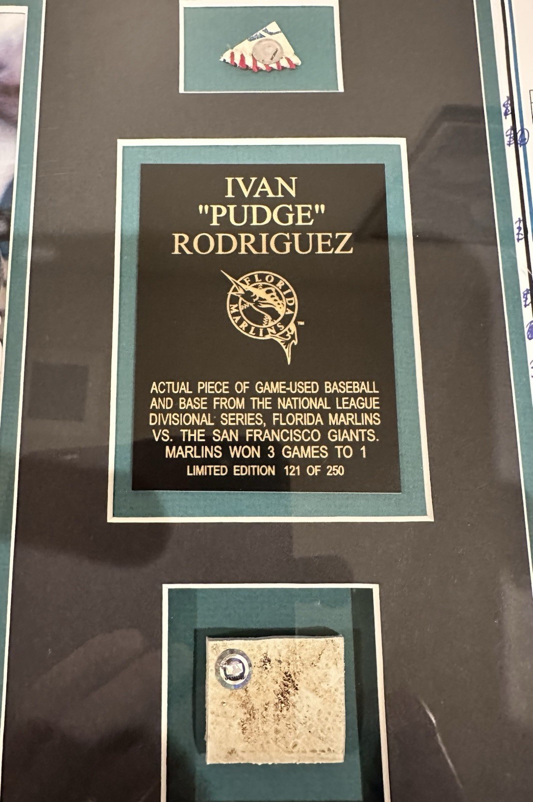 Ivan Rodriguez Florida Marlins Game-Used 1983 NLDS Base & Ball Framed Display