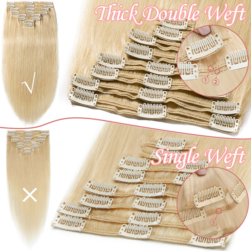 Thick Double Weft Clip In Real Remy Human Hair Extensions Full Head Highlight US