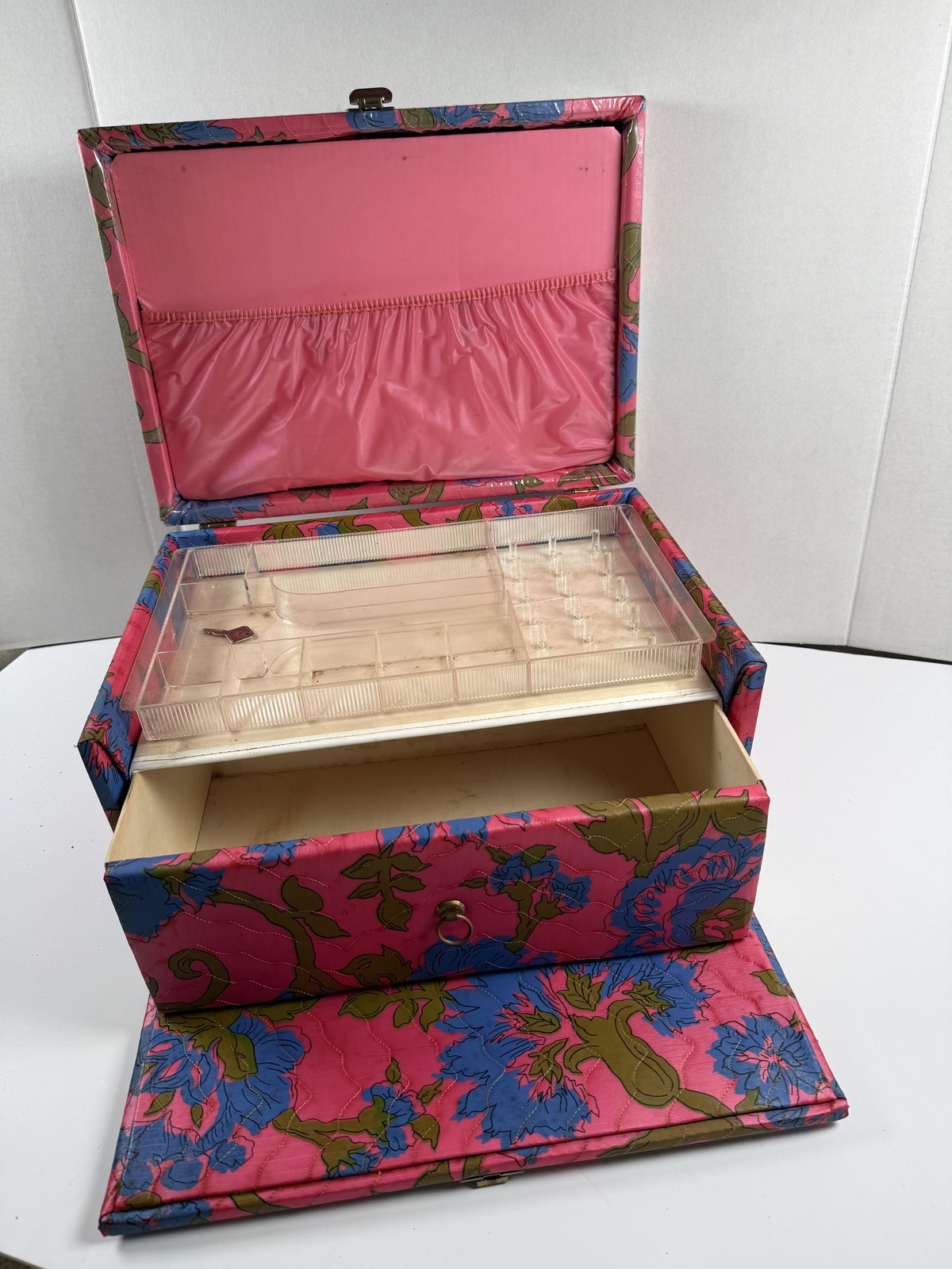 Vintage Sewing Box Kit Pink Floral Portable Sewing Case Box Organizer 60's