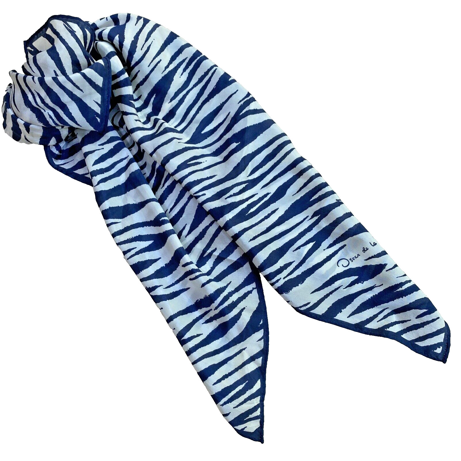 Vintage Oscar De La Renta Silk Scarf Navy Blue & White Mod Stripes Large Square