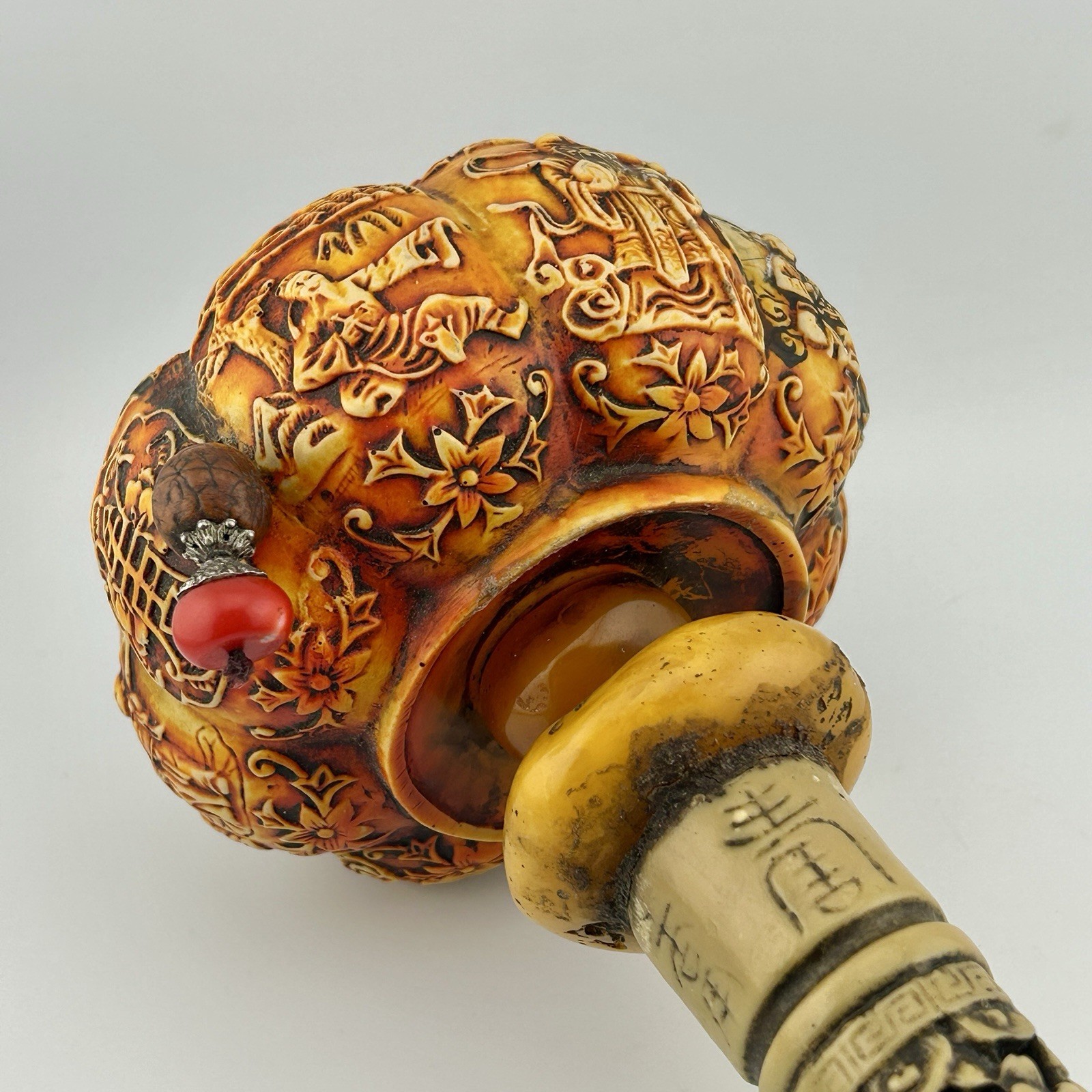 Tibetan Buddhist Prayer Wheel Resin Faux Coral, Bone, & Amber Handheld 1970s VTG