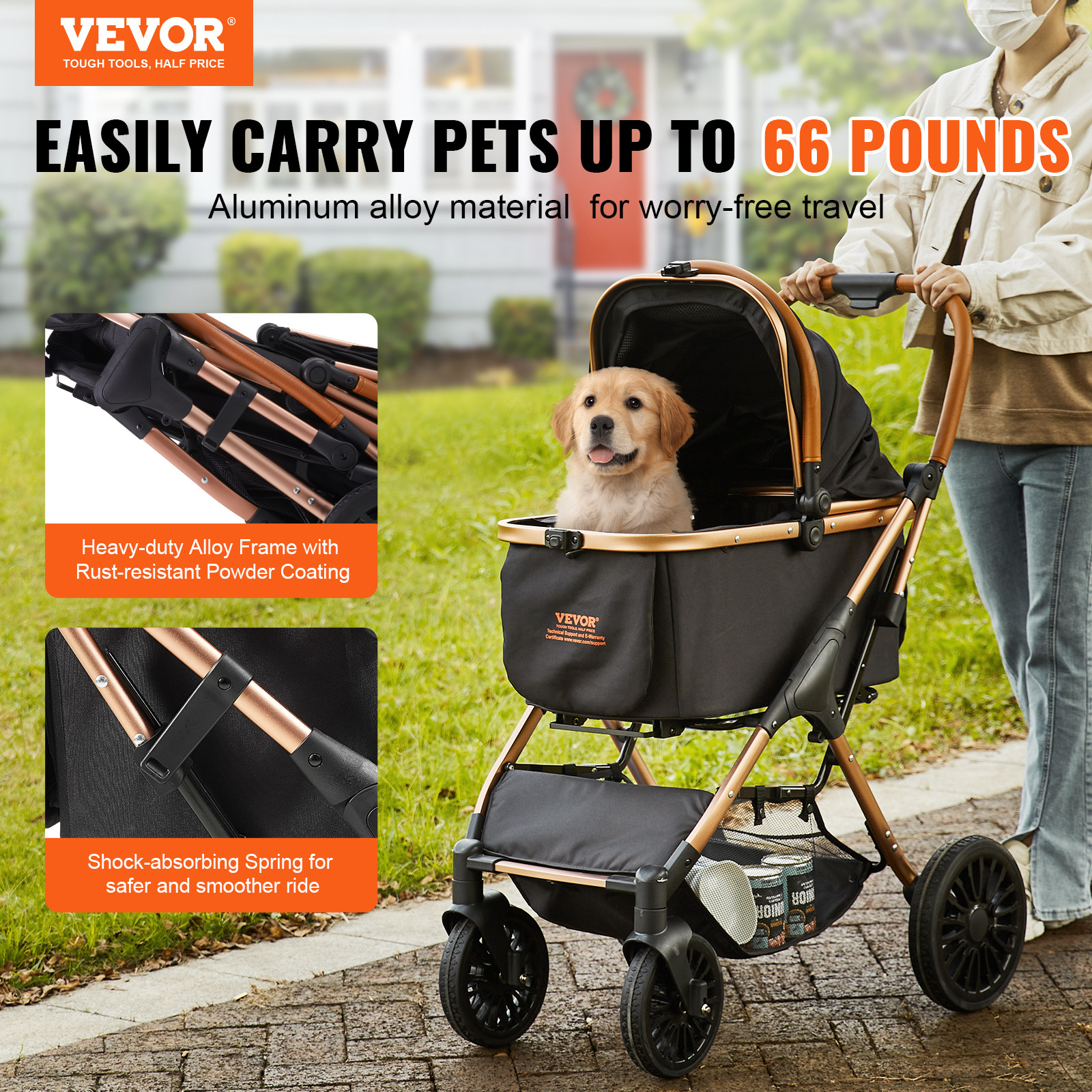 VEVOR Pet Stroller 4 Wheels Dog Stroller with Brakes 66 lbs Weight Capacity