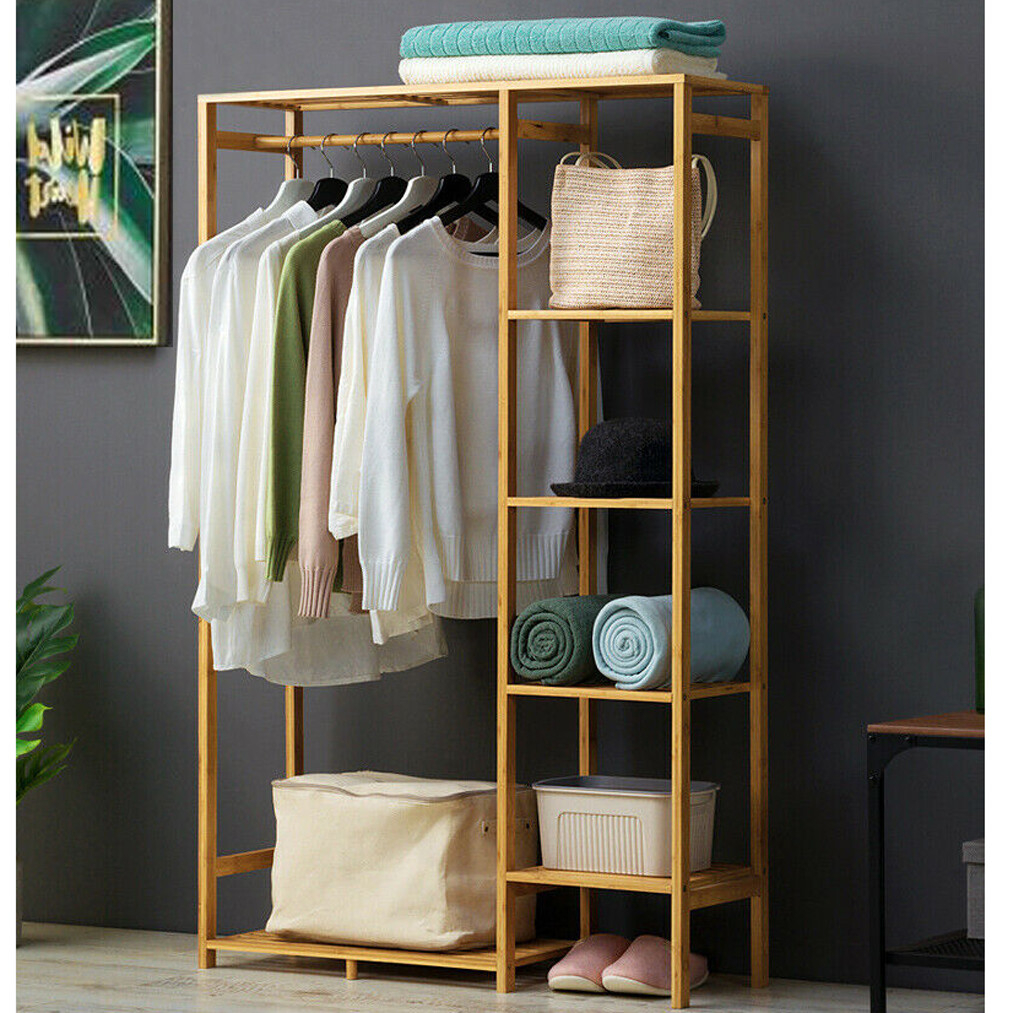 Freestanding Large Wood Clothing Garment Rack Shelf Clothes Hanging Rack Closet