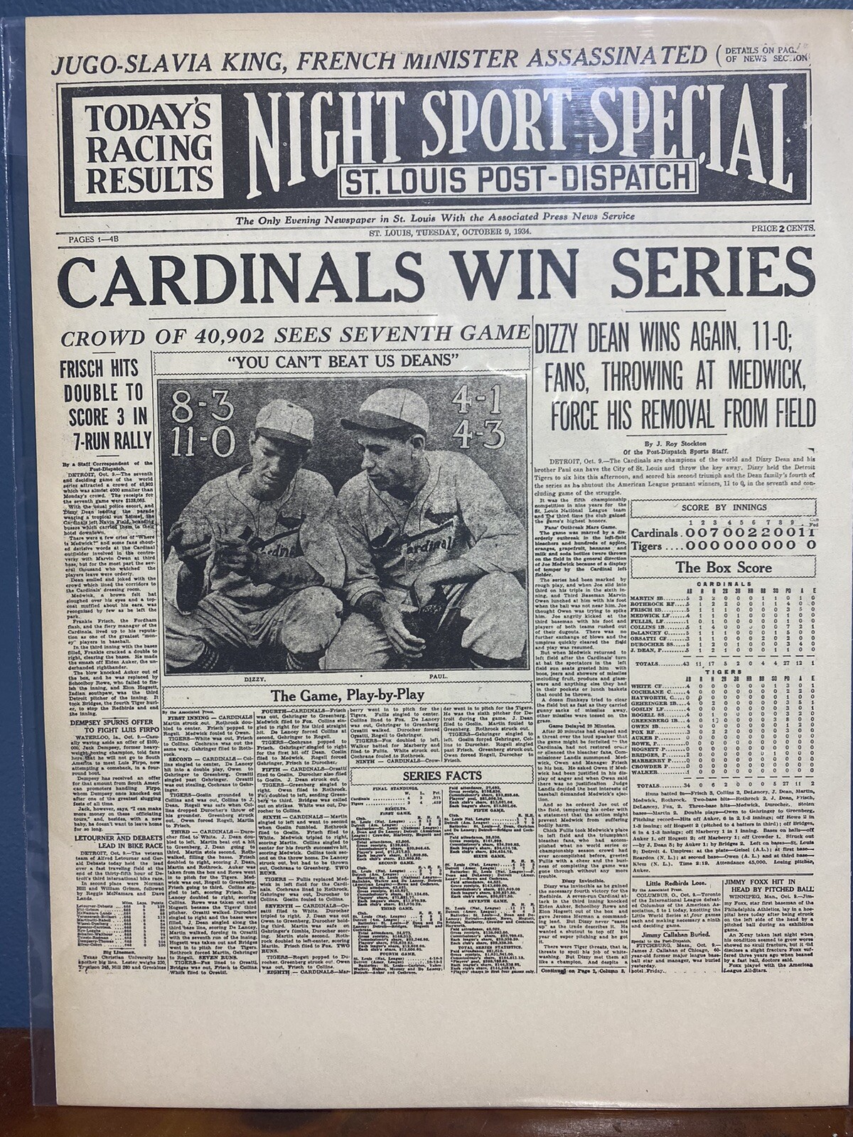 VINTAGE NEWSPAPER HEADLINE ~ST. LOUIS CARDINALS WIN 1934 BASEBALL WORLD SERIES