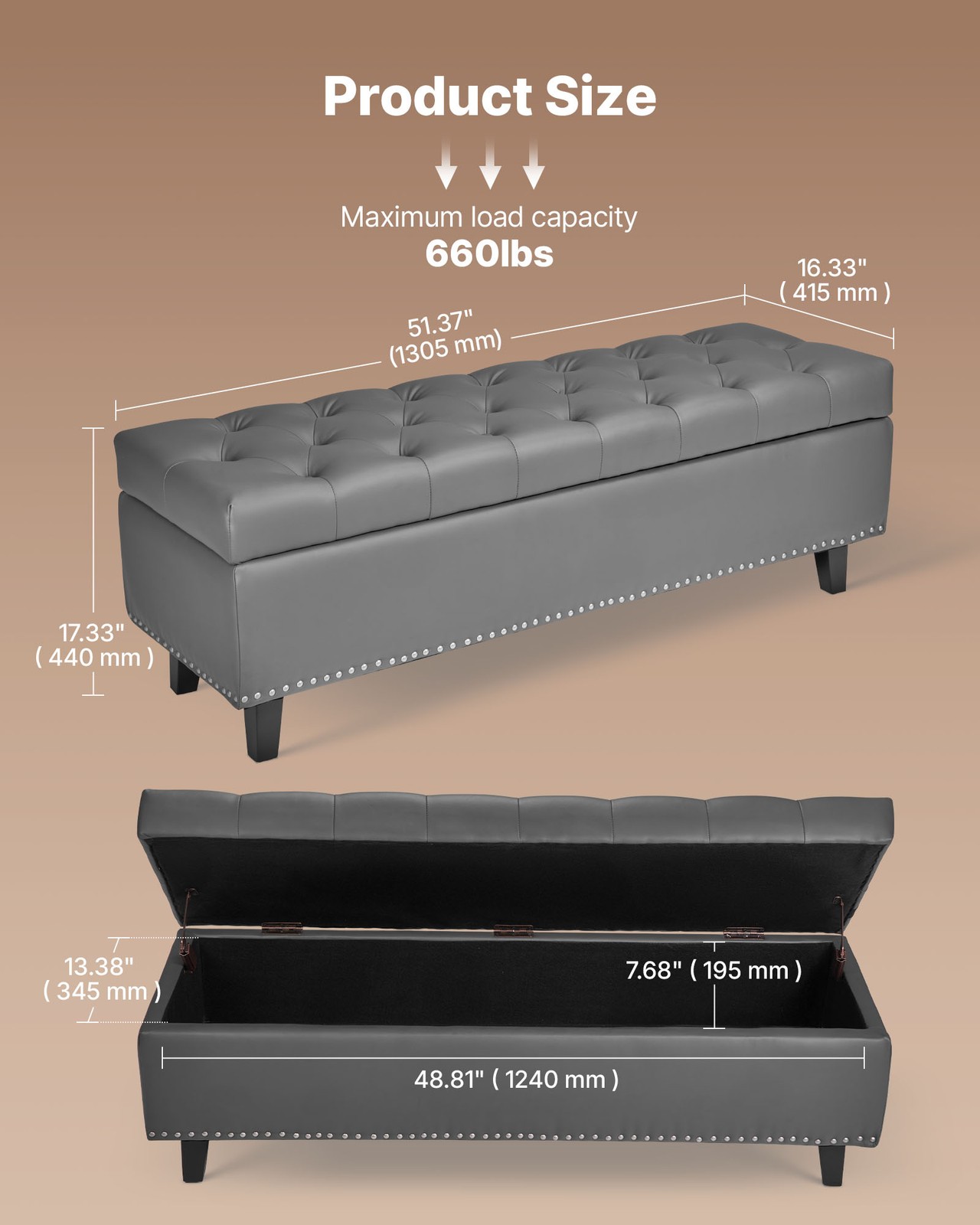 Uimoso Button-Tufted Storage Ottoman Bench PU Leather Bench with Wood Legs Gray