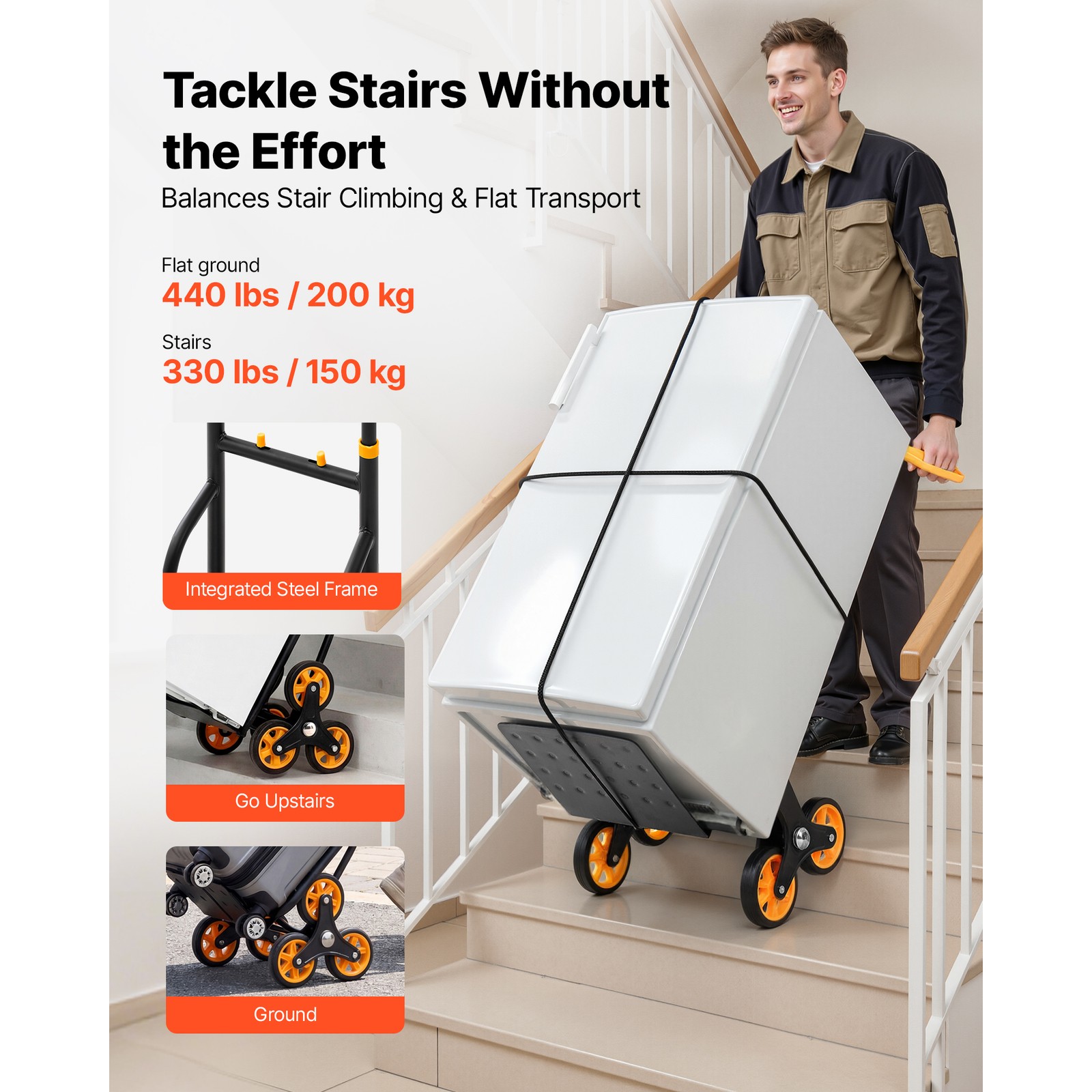 Uimoso Stair Climbing Trolley Cart with 330 lbs Capacity,6 Wheels & 2 Ropes