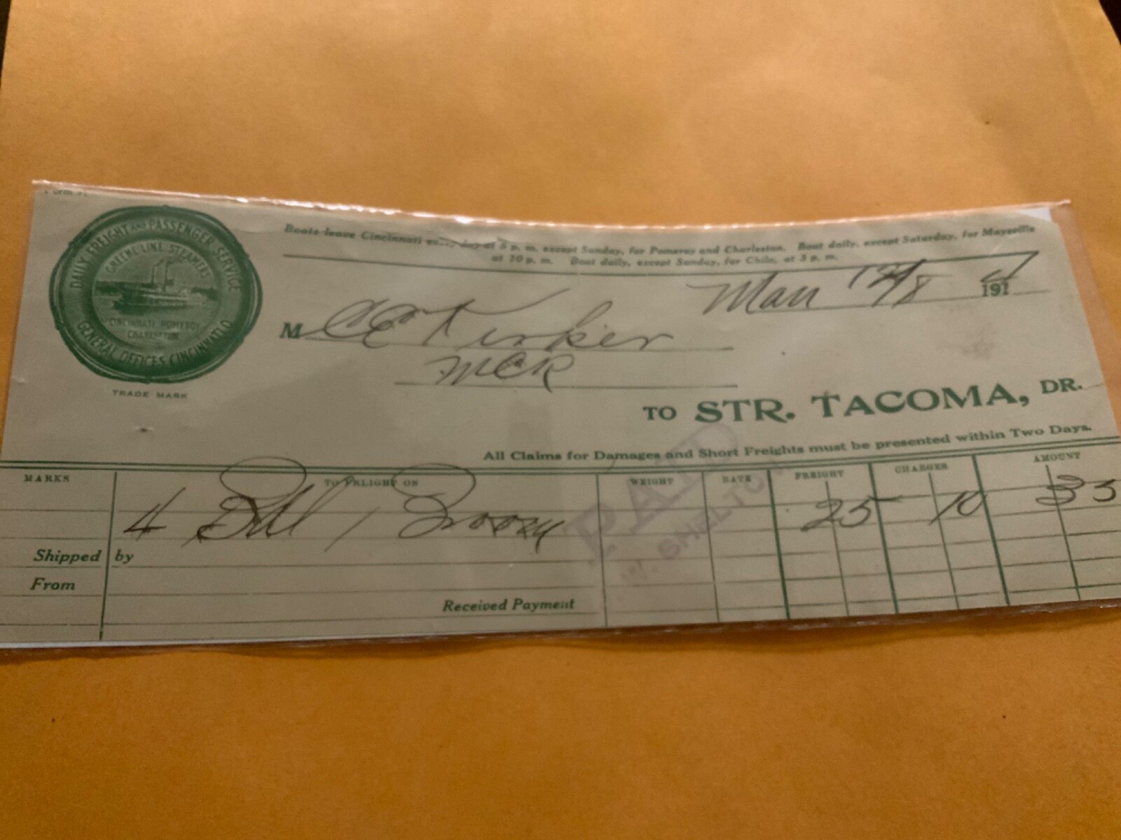 Greenline Steamer Ship Cincinnati Ohio OH 1914 Freight Form nice Graphics