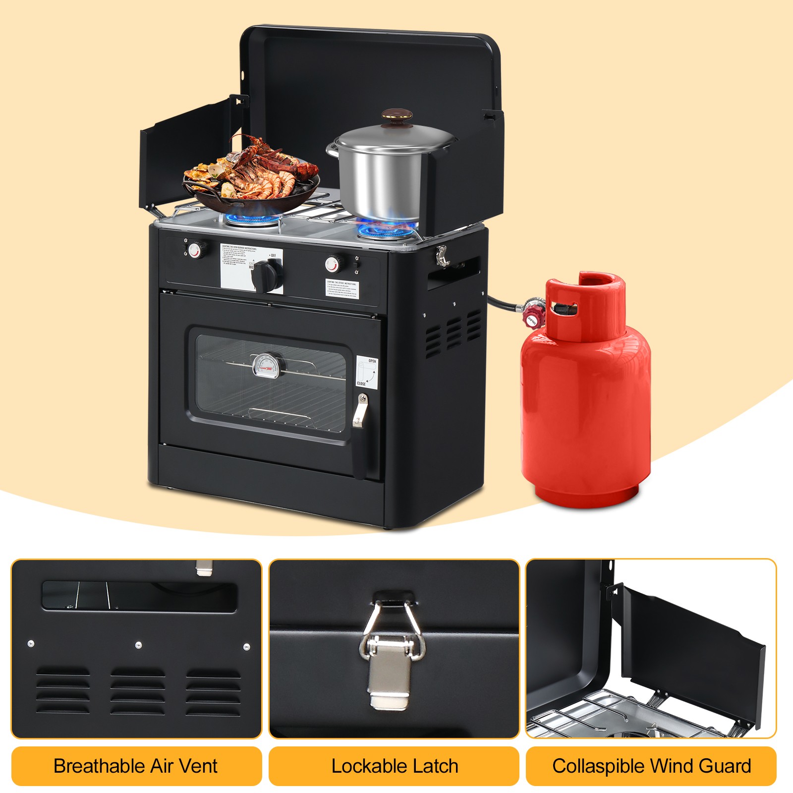 Outdoor Propane Oven Portable Camping Stove with Piezo Lgniter with Wind Panel