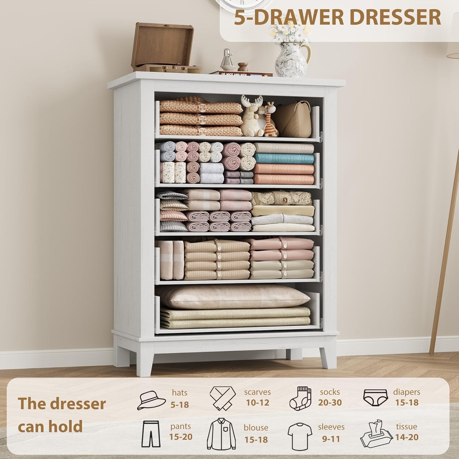 5 Dresser for Bedroom, 41.3'' Tall Vertical Drawer Dresser with Large Storage