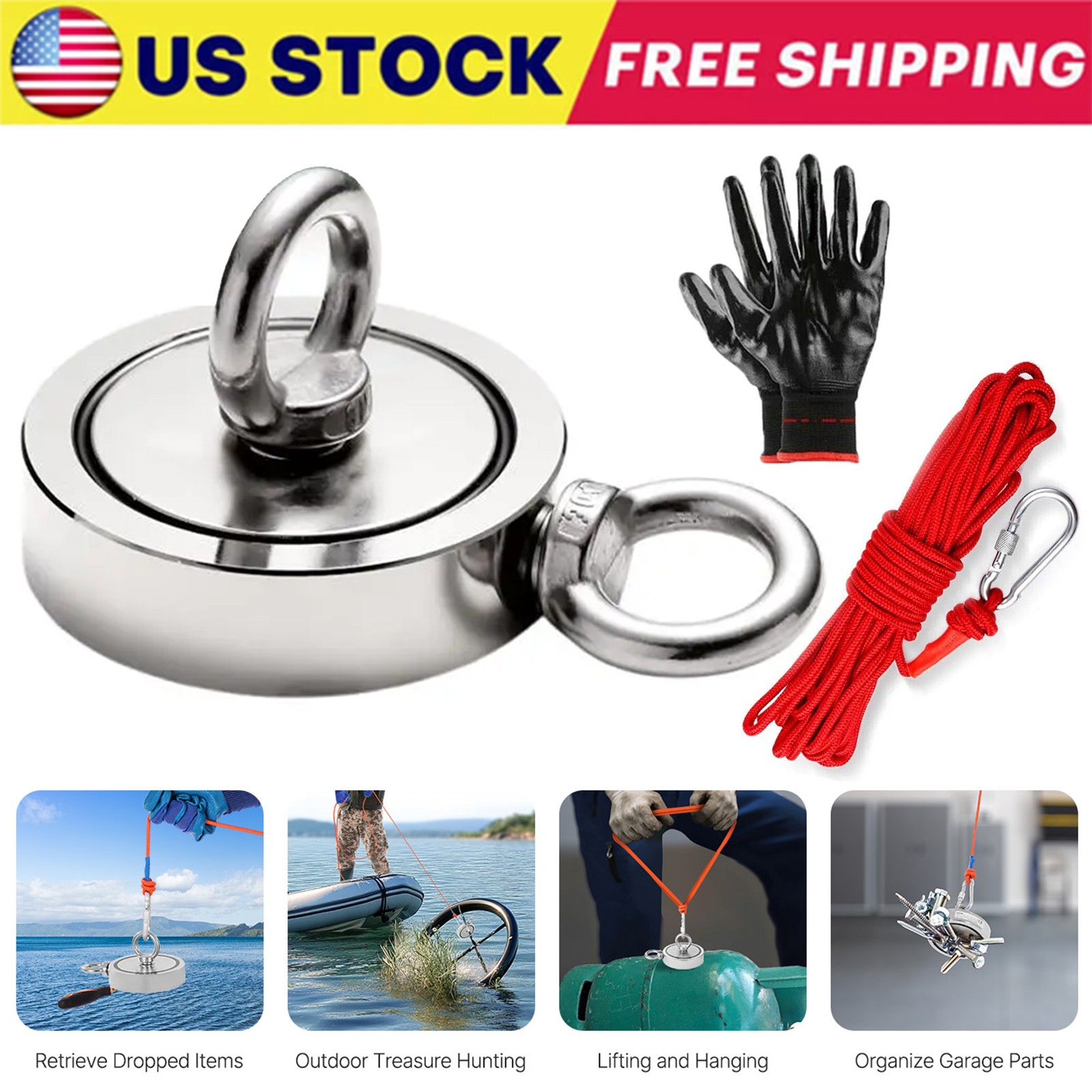 2000 LBS Strong Fishing Magnet Kit Double-Sided Pull Force and Rope Carabiner