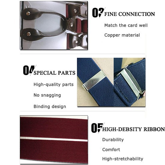 6 Button Holes Link Men's Suspenders Beige Color 24-43" Adjustable Length 1.37"W