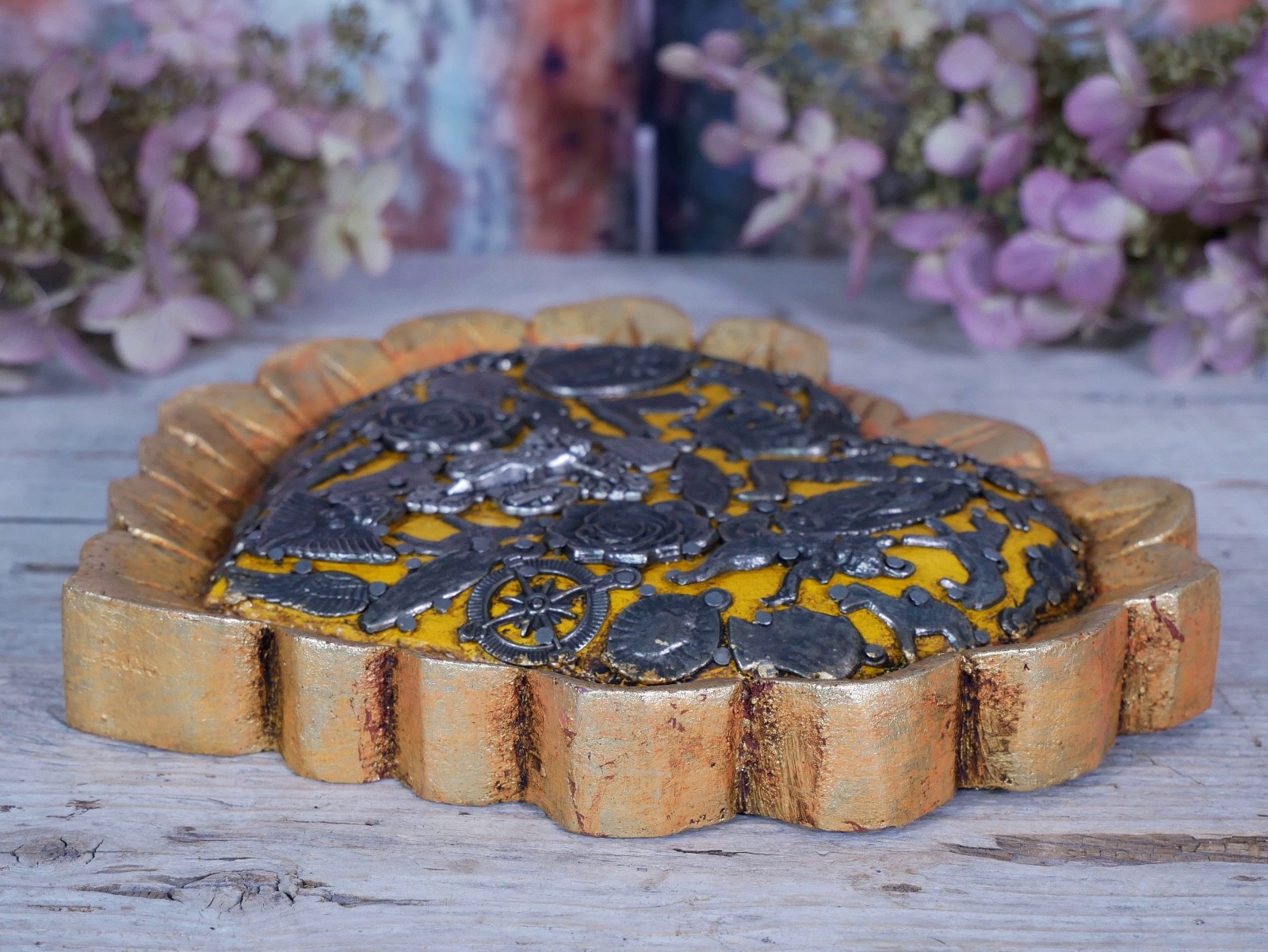 Heart With Gold Baby Feathers Milagros Wood Handmade Mexican Folk Art Love Token