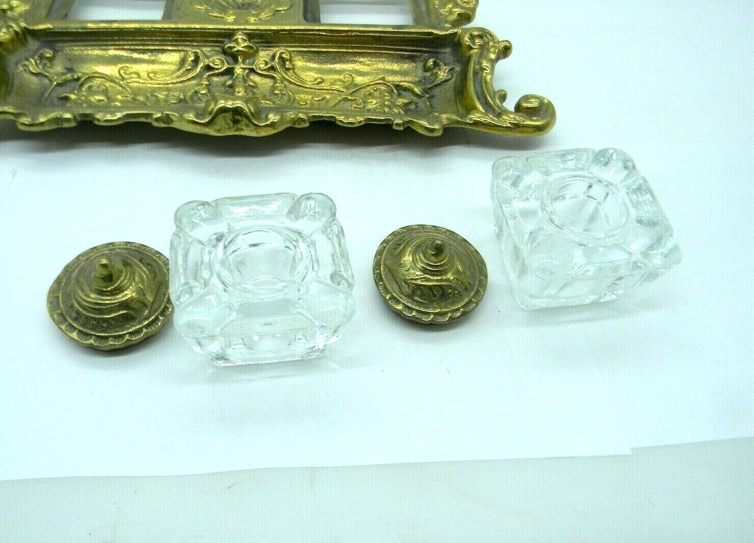 Antique Victorian Brass Desk Inkwell Pen rest Double Glass wells