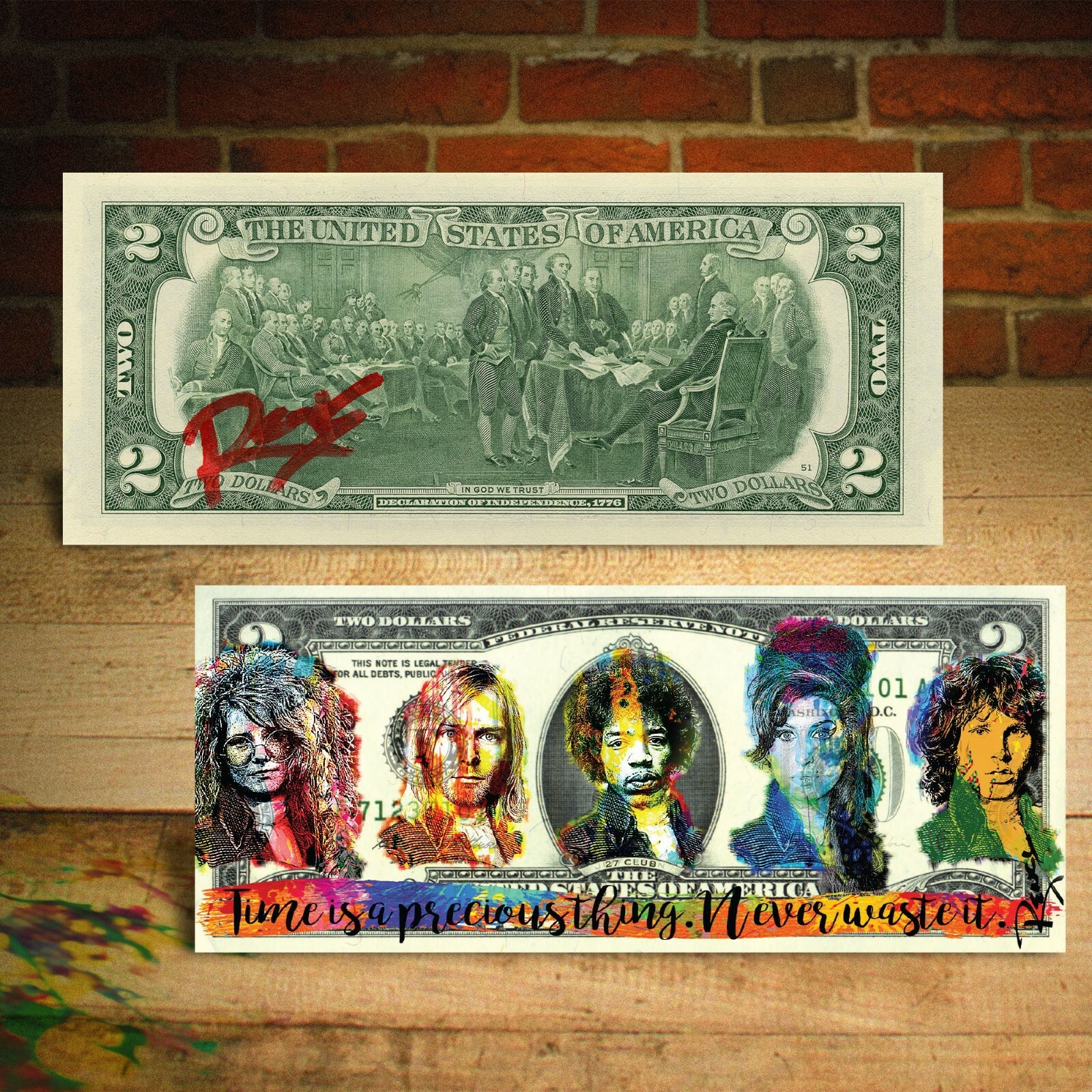 27 CLUB Hendrix Joplin Morrison Cobain Winehouse Genuine $2 Bill by RENCY Signed