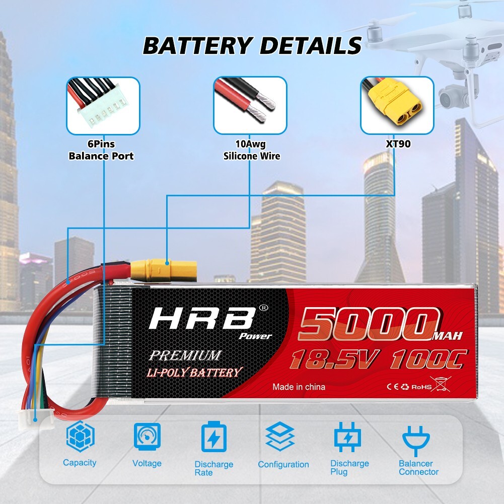 HRB 18.5V 5000mAh 5S XT90 100C LiPo Battery for RC Helicopter Drone Car Truck US