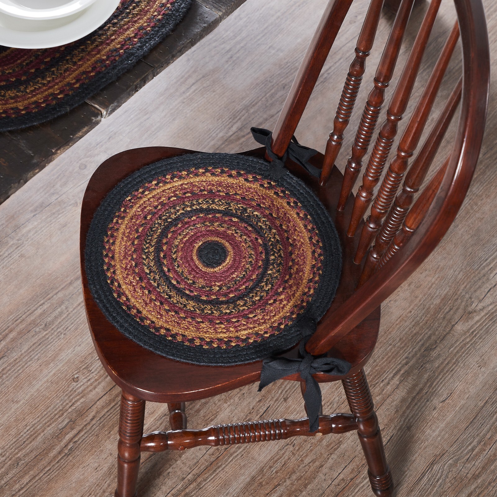 New Primitive Red Black Mustard BRAIDED JUTE CHAIR PAD Round Seat Cover