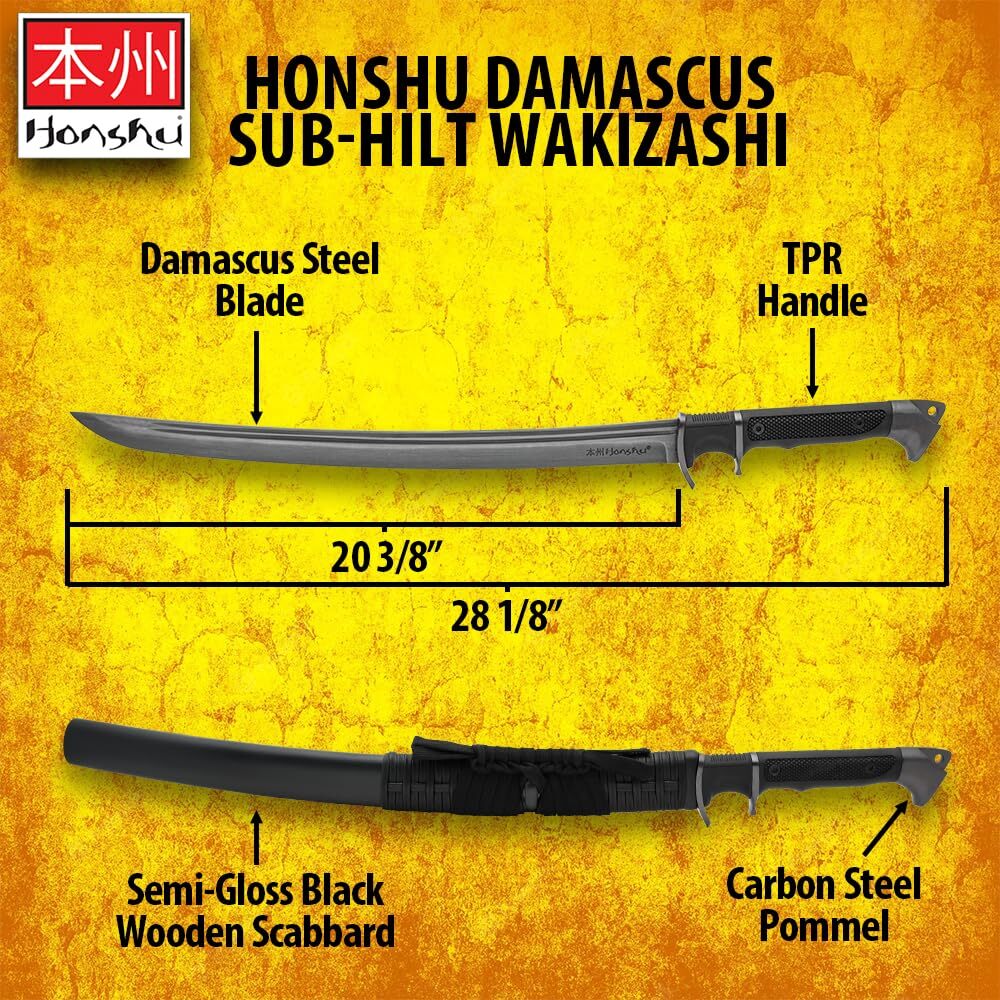 Honshu Battle Ready Tactical Wakizashi Sword | Sharp Damascus Steel Blade