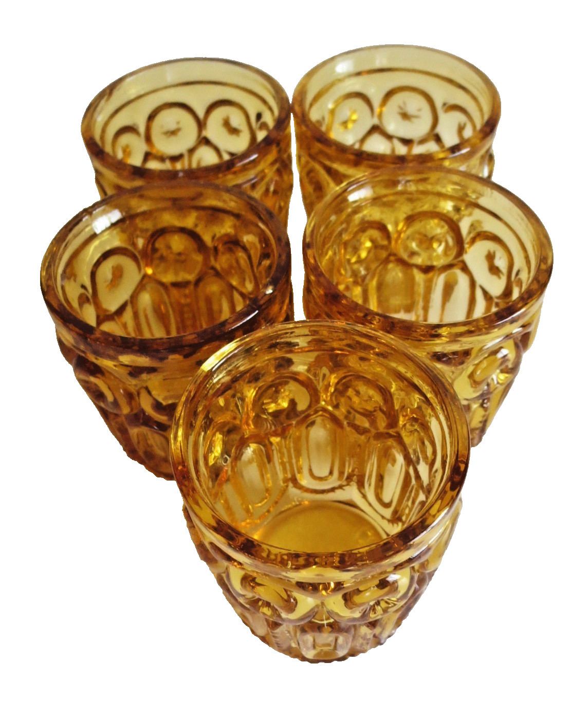 MCM CRYSTAL DECANTER STOPPER AND 5 CORDIAL/SHOT GLASSES AMBER BROWN GLASS VTG