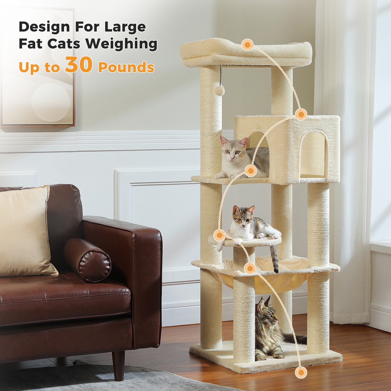 PAWZ Road XL Cat Tree Tower for Large Cats (30lb) with Thick Scratching Post Toy