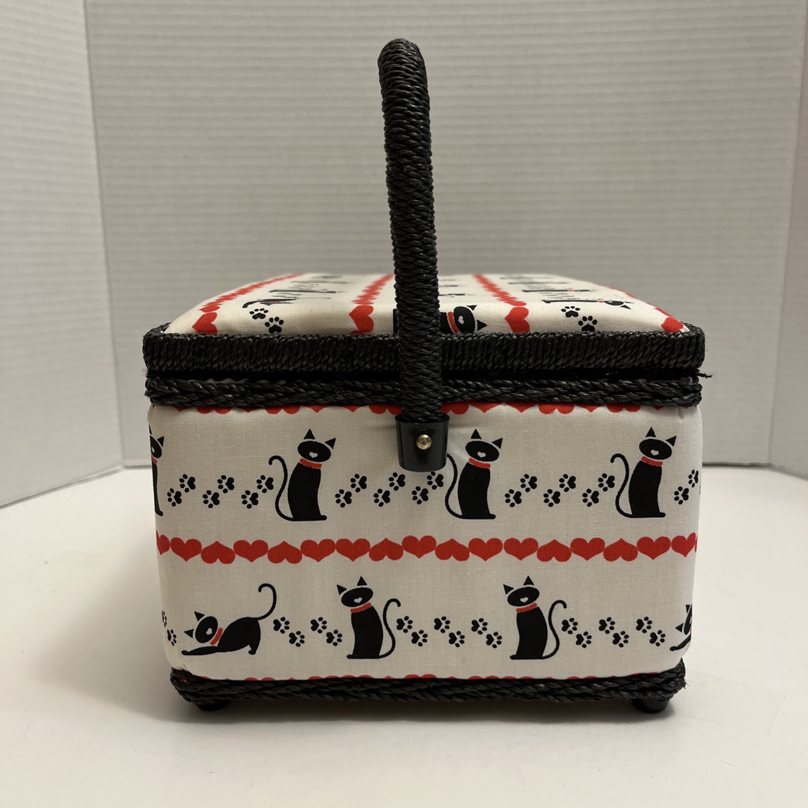 Sewing Basket Cat Print Padded Box Pin Cushion Accessories Storage Snap Closure